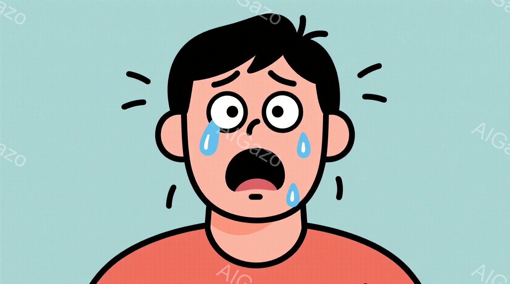 赤いシャツを着た男性の顔のアップです。目は大きく見開かれ、口は大きく開いて驚きと恐怖を表しており、頬からは汗が滴っています。髪型は黒髪で、全体的に非常にショックを受けた表情で、背景は淡い水色です。