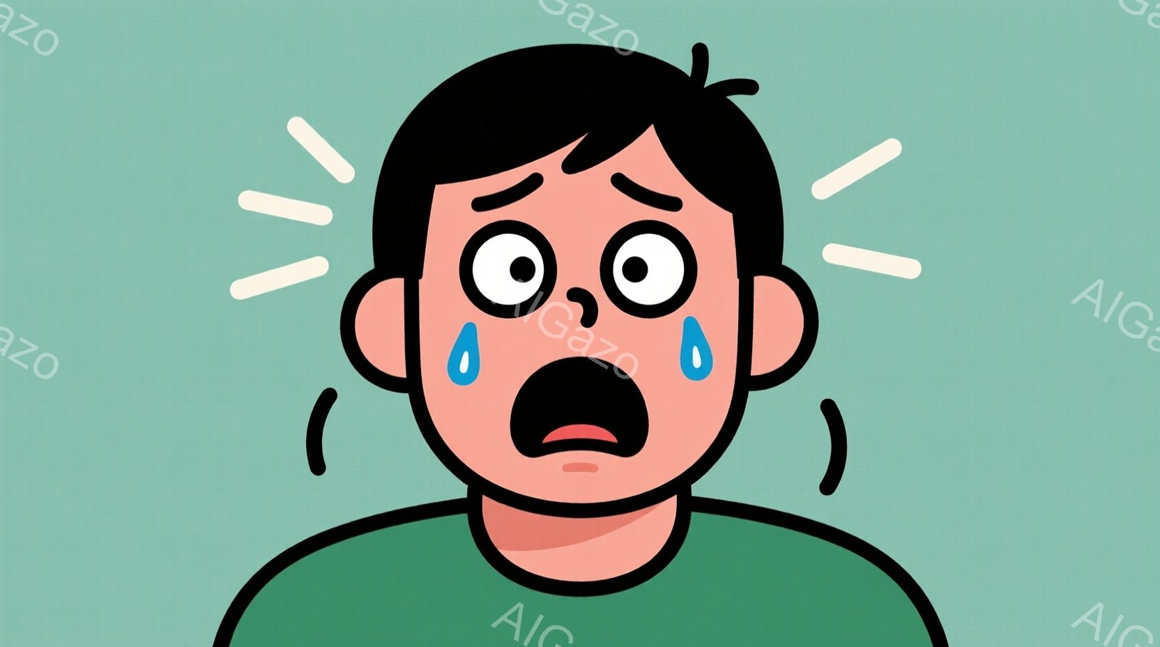 大きな目と開いた口をした、驚いた表情の男性の顔のクローズアップです。彼は緑色のシャツを着ており、黒い髪は少し無造作に整えられています。顔からは涙が流れ落ち、頭の周りにはショックや驚きを表す光線が描かれ - AI生成フリー素材