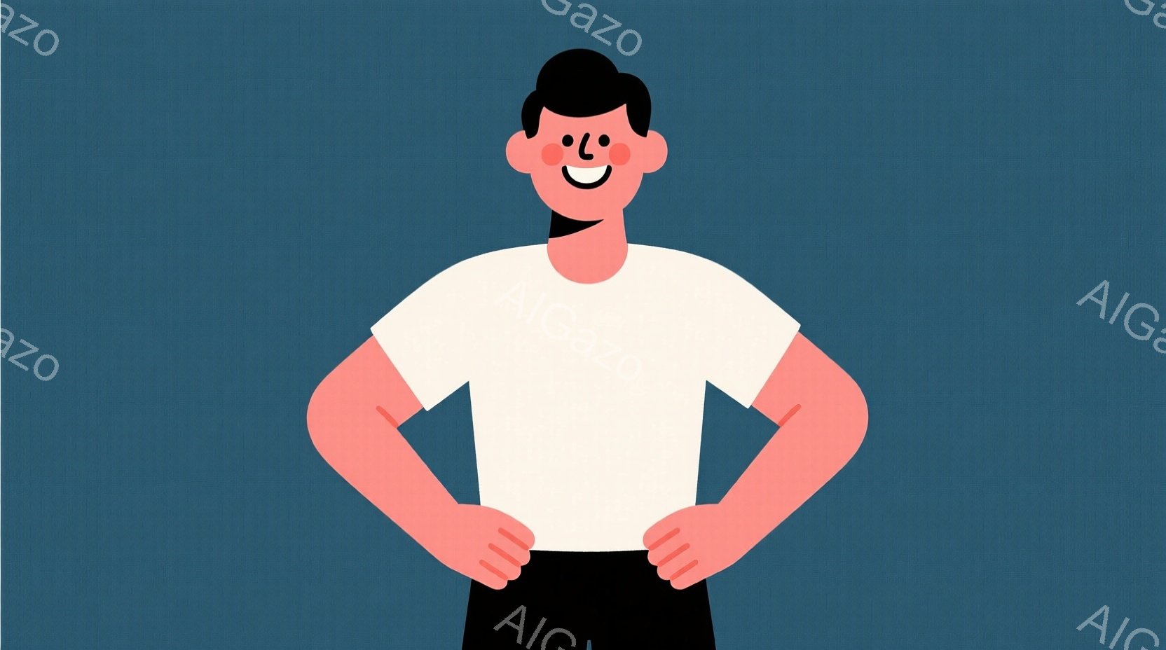 黒髪でシンプルな白いTシャツと黒いズボンを身に着けた男性を描いています。両手を腰に当て、自信に満ちた表情をしています。背景は単色の濃い青色で、全体的に明るく、陽気な雰囲気です。