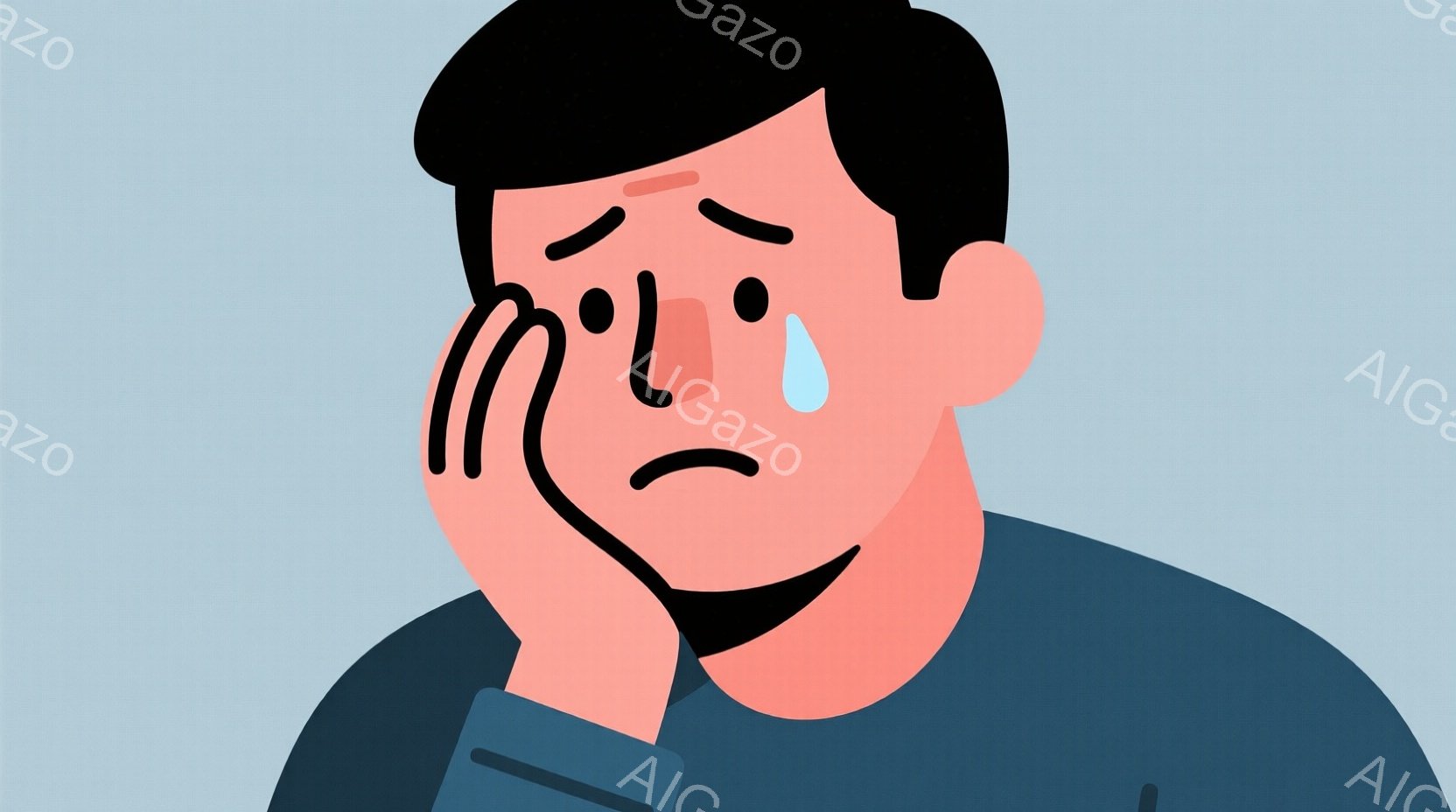 明るいピンク色の肌と黒髪の男性が描かれています。青いセーターを着ており、片方の手で顔を覆い、涙を流しています。背景は薄い水色で、全体的に悲しみや憂鬱な雰囲気が漂っています。