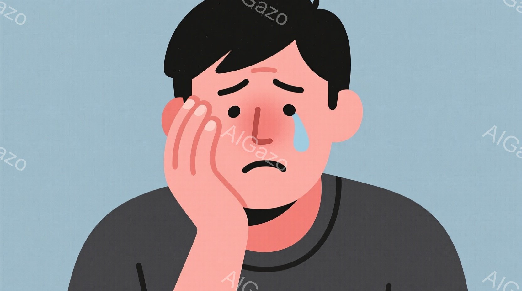黒髪の男性が悲しみに満ちた表情で片手で顔を覆っている様子を描いています。男性は黒い丸首のシャツを着ており、頬には涙が流れています。背景は水色の単色で、感情に焦点を当てたシンプルな構成です。