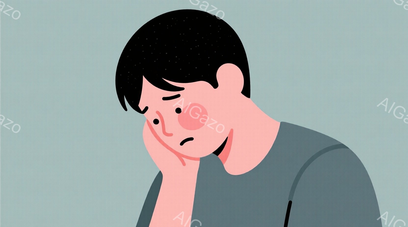 短い黒髪で、頬が赤く染まった若い男性のポートレートです。彼は肩を落とし、片手で頬を支え、憂鬱そうな表情をしています。背景は単色の薄い青色で、人物に焦点が当てられています。 - AI生成フリー素材