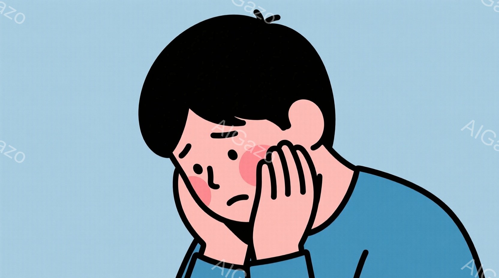 黒髪の男性が描かれており、青色の服を着ています。顔を両手で覆っており、悲しみや苦悩を表す表情をしています。背景は薄い水色で、全体的に憂鬱で内省的な雰囲気を醸し出しています。 - AI生成フリー素材
