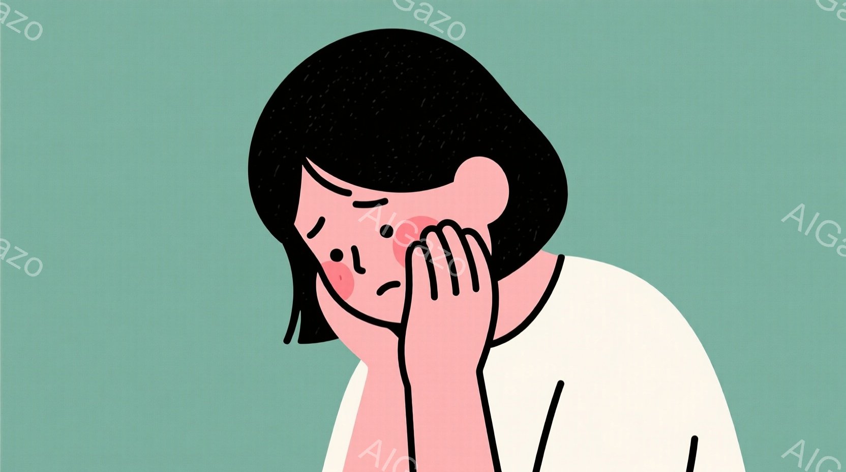 短い黒髪の女性が描かれており、白いシャツを着ています。彼女は顔を片手で覆っており、悲しみや苦悩を表す表情をしています。背景は淡い緑色で、シンプルであり、女性の感情に焦点を当てています。 - AI生成フリー素材