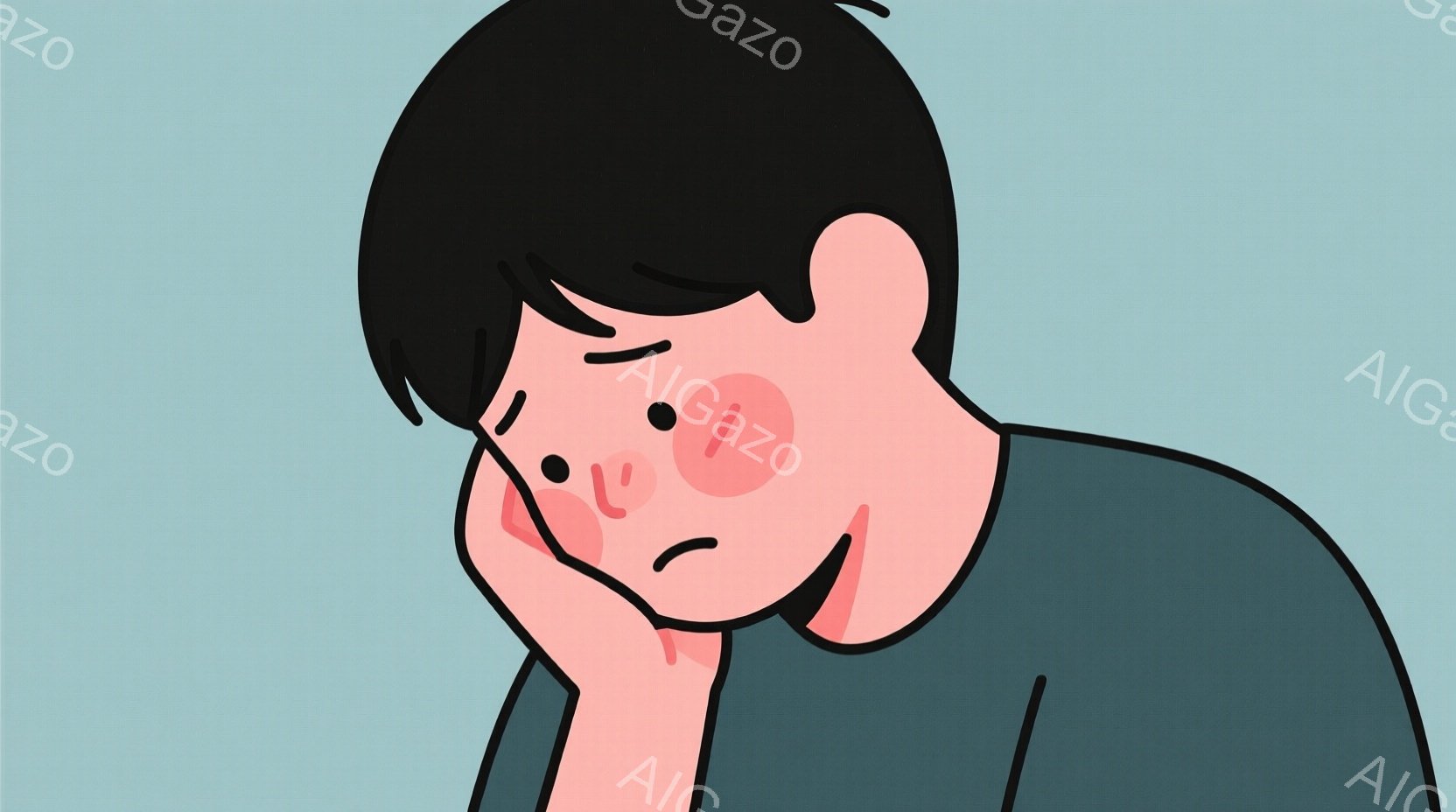 頬を赤らめた若い男性のポートレートです。彼は首をわずかに下げ、片手を頬にあてています。背景は薄い水色で、全体的に憂鬱で物思いにふける雰囲気です。