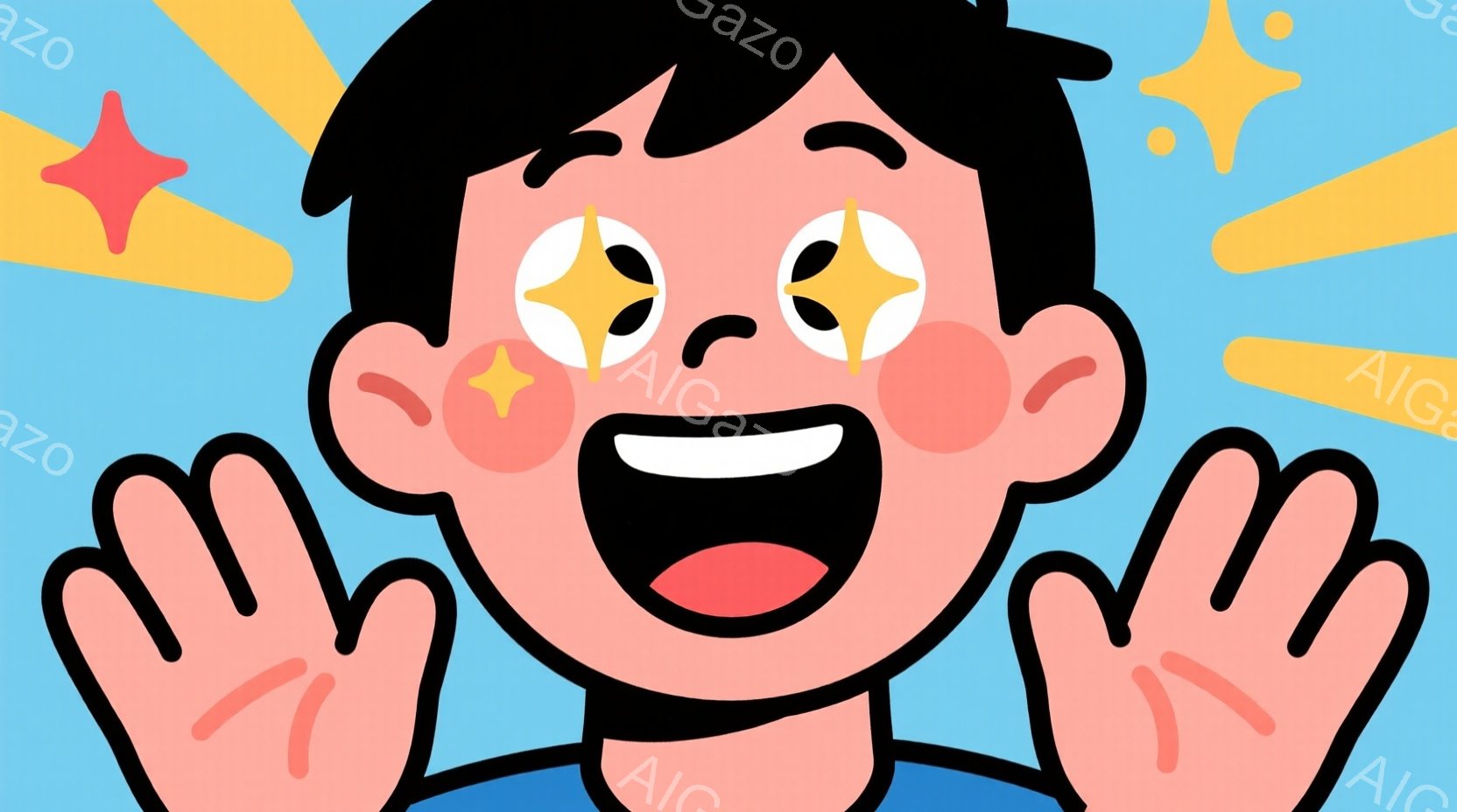 明るい青色の背景に、満面の笑みを浮かべた若い男性の顔のクローズアップです。彼は短い黒髪で、頬は赤く、目は星のように輝いています。両手を上げて喜びを表現しており、全体的に活気に満ちた、陽気な雰囲気を醸し - AI生成フリー素材