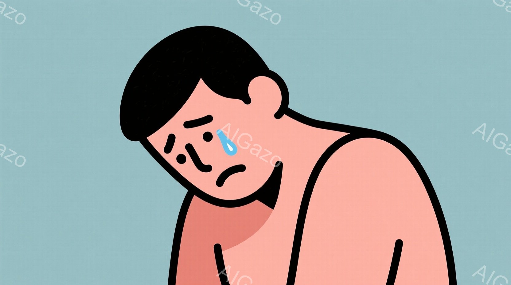 泣いている男性の顔のアップです。肌の色はピンク色で、黒髪の短い髪型をしています。彼は片方の目が涙で濡れ、悲しそうな表情でうつむき加減の姿勢をとっています。 - AI生成フリー素材