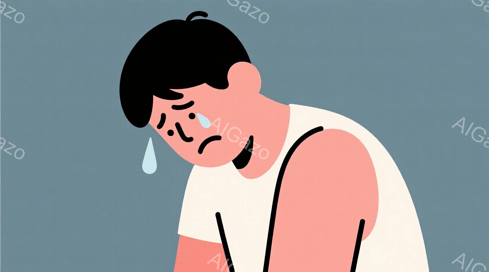 首から下が切り取られているように見える人物を描いています。人物は白いタンクトップを着ており、濡れた髪型で、顔には汗が滴り落ちています。背景は単色の青灰色で、人物の疲労感と苦悩を強調する、シンプルでミニマリストな表現です。