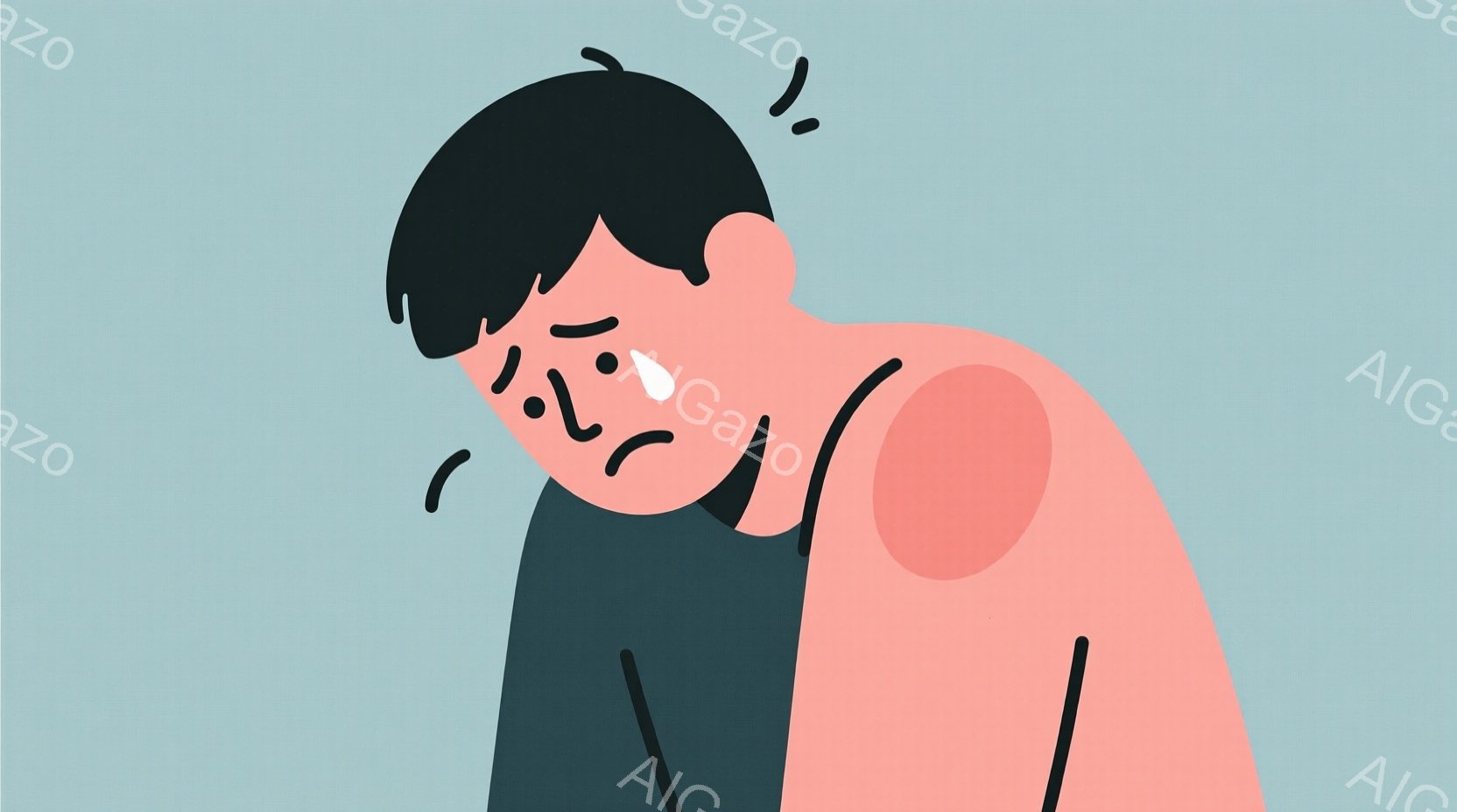 短い黒髪の男性が描かれており、赤い斑点が入った肌が肩と腕に広がっています。彼は紺色のシャツを着ており、顔は苦痛に歪み、うなだれた姿勢で何かを訴えているように見えます。背景は単色で、全体的に不安と苦悩の雰囲気が漂っています。