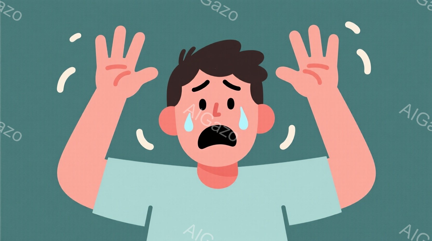 鮮やかなピンク色の肌に黒髪の男性が描かれており、驚きと恐怖で目を見開き、口を大きく開けている。彼は白いシャツを着ており、両手を上げて困惑した様子を表している。背景は単色の緑色で、感情を強調するためのシンプルで効果的な構成となっている。