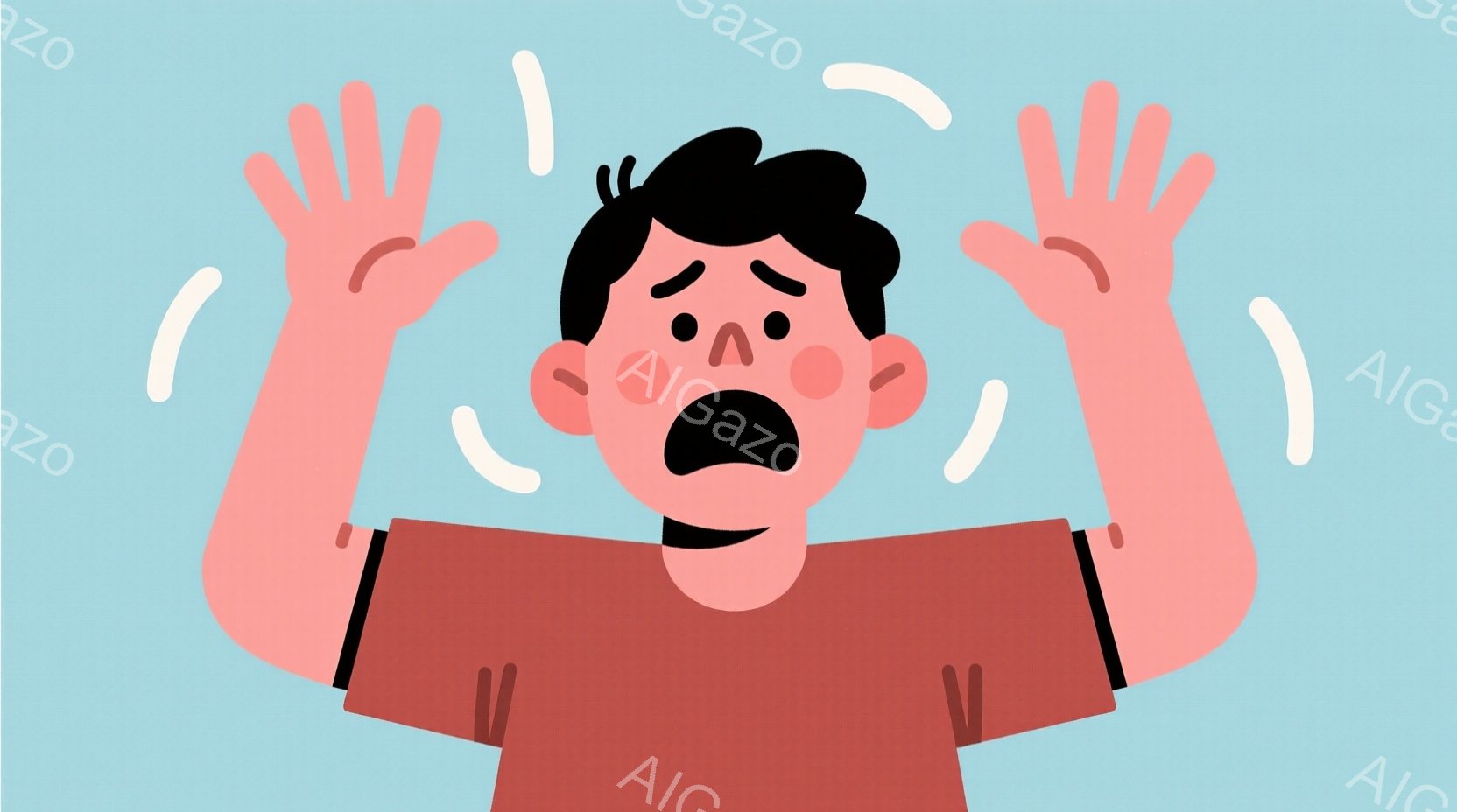 赤いシャツを着た男性が描かれており、両手を上げて驚いた表情をしています。顔はピンク色に染まり、目は大きく見開かれ、口は大きく開いています。背景は水色で、周囲には白い線が舞っており、パニックや混乱した状況を示唆しています。