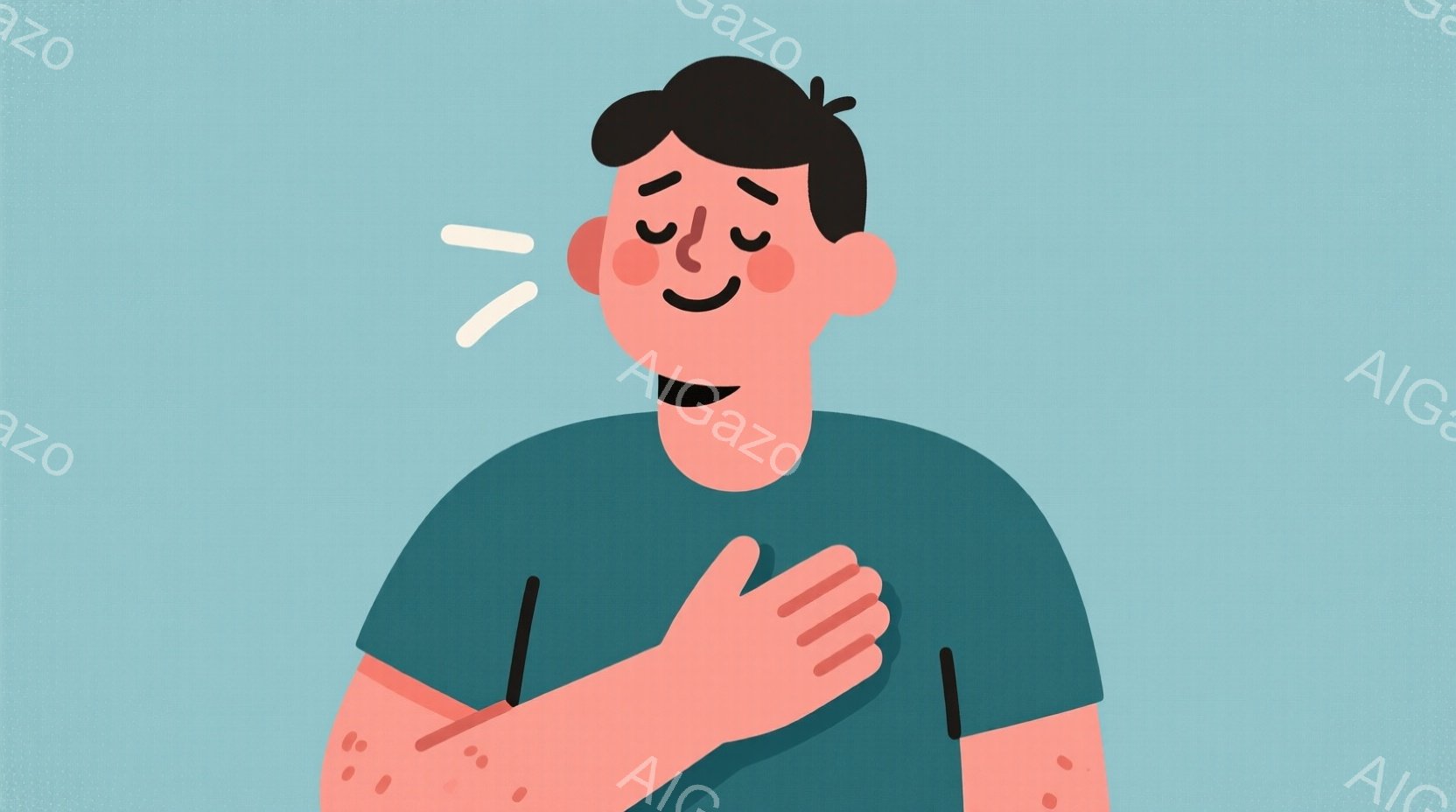 浅緑色の背景に、茶色の髪の男性が描かれています。彼は緑色の半袖シャツを着ており、両手を胸に当てて微笑んでいます。頬には赤みが差し、幸せそうな雰囲気を醸し出しています。