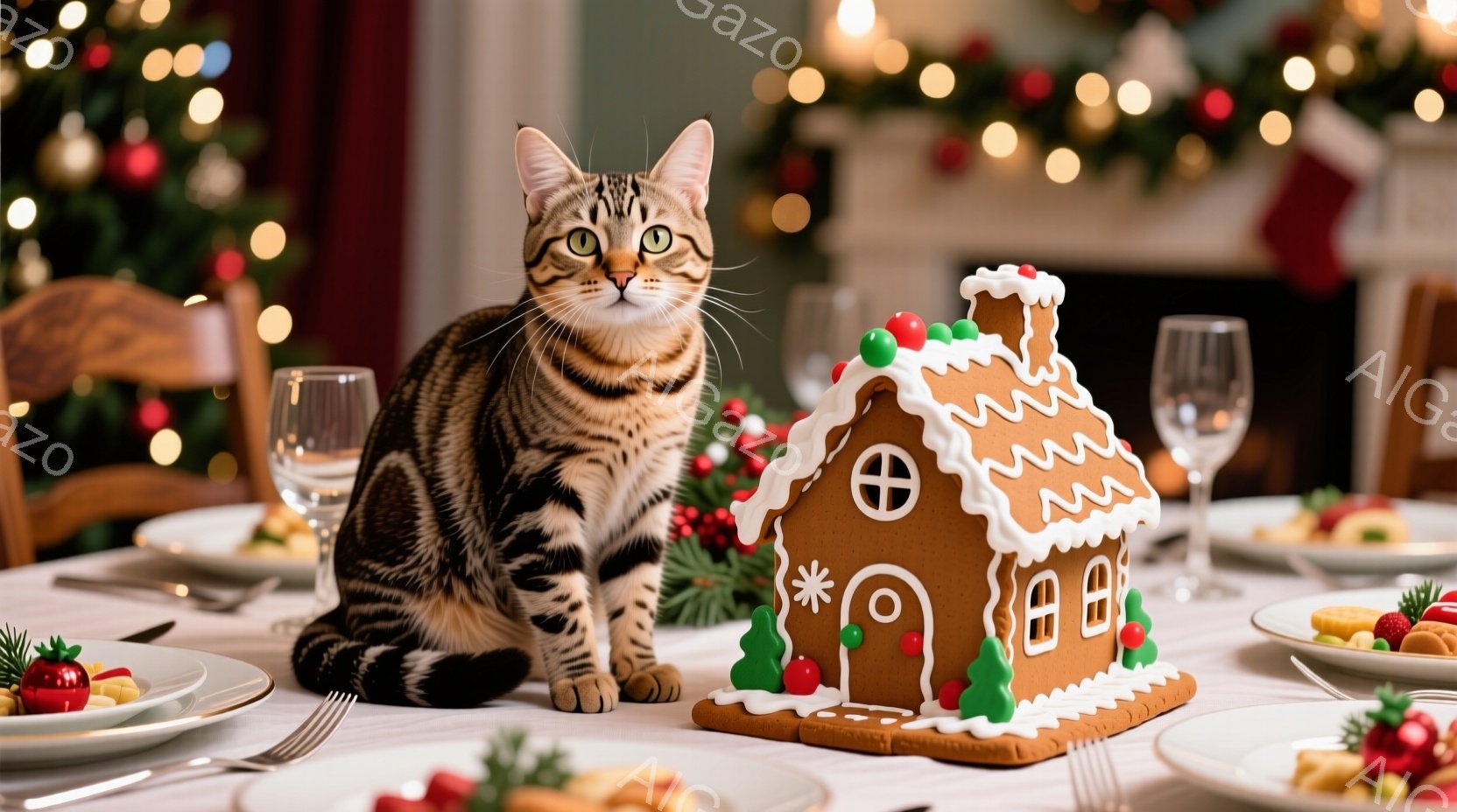 茶色の縞模様の猫が、白いテーブルクロスが敷かれたダイニングテーブルに座っています。テーブルの上には、クリスマスのジンジャーブレッドハウスや装飾されたお皿が置かれ、背景には緑のガーランドとぼんやりとしたクリスマスツリーが見えます。暖かく、お祝いの雰囲気で、猫はまるでクリスマスの宴会の中心にいるようです。