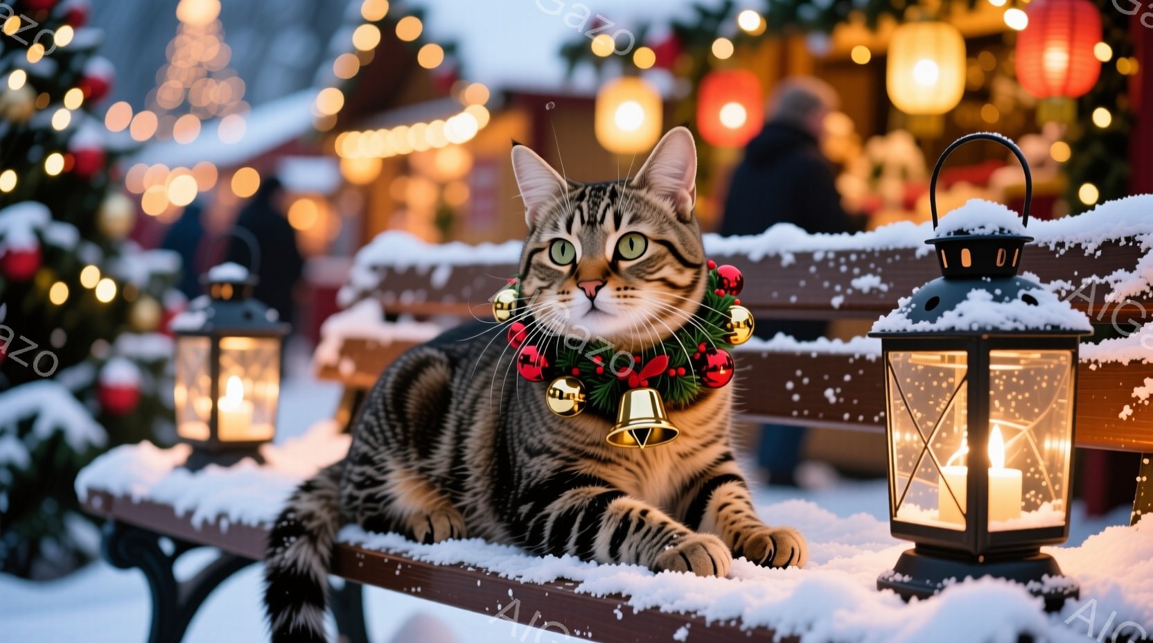 縞模様の猫が雪の降るベンチに横たわっており、赤いリボンとベルの飾りを首につけています。背景にはぼやけたクリスマスマーケットのような光景が広がり、キャンドルライトの灯るランタンや、ぼんやりとした人影が見 - AI生成フリー素材