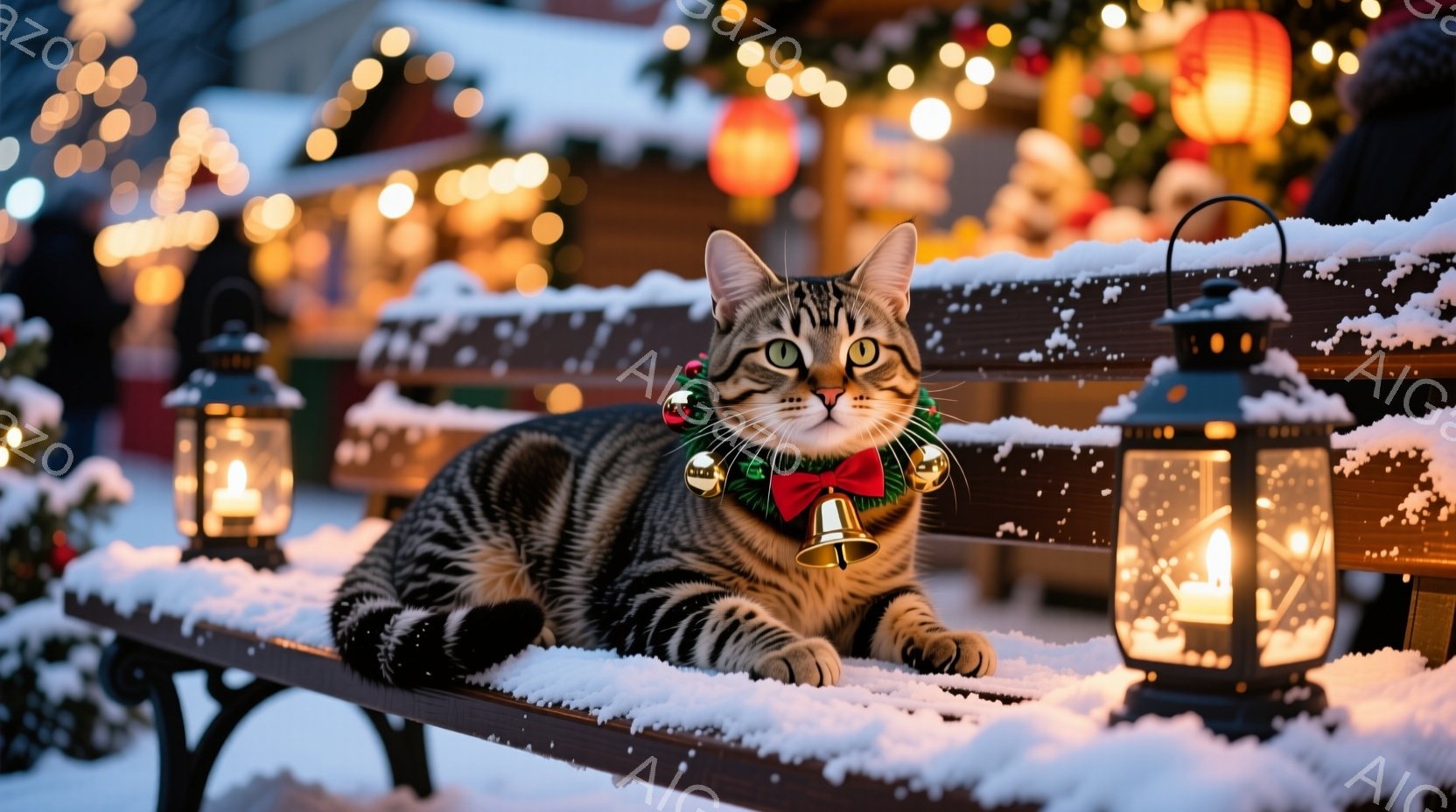 茶色と黒の縞模様の猫が、雪で覆われた木製のベンチに横たわっています。首には赤いリボンと金色のベルが付いたクリスマス風の首輪が巻かれており、リラックスした表情でカメラを見つめています。背景には、ぼやけた - AI生成フリー素材