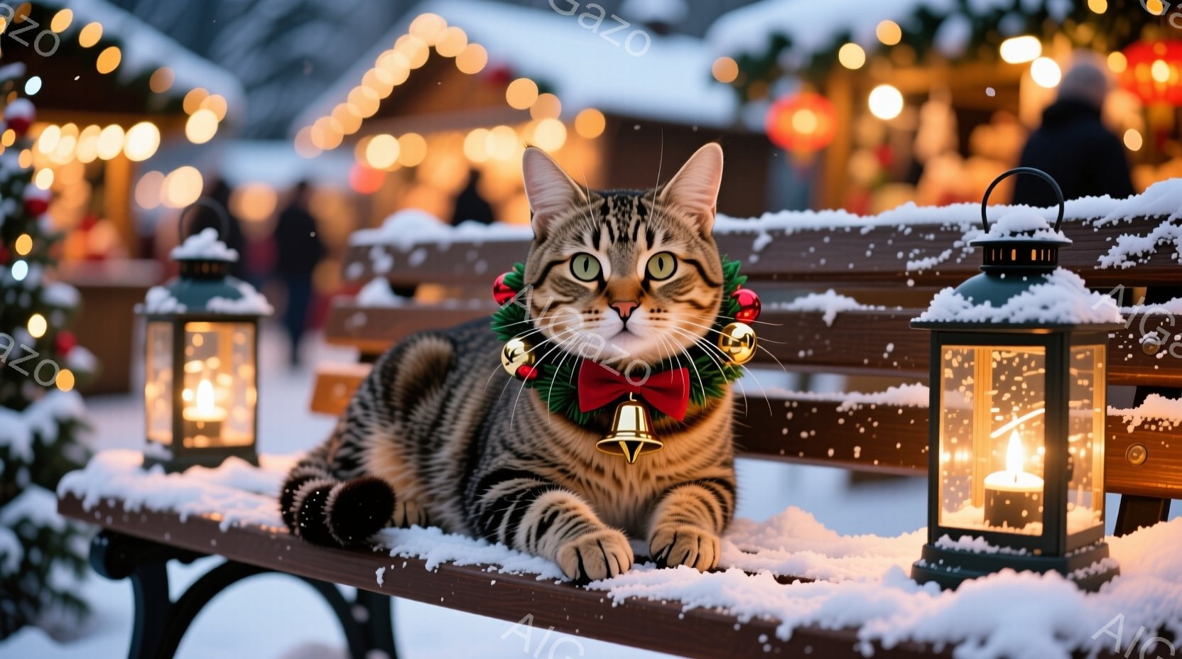 縞模様の猫が、雪の積もったベンチに横たわっています。首には、クリスマスベルと赤いリボンが付いた首輪が巻かれており、リラックスした表情で正面を見ています。背景には、ぼやけたクリスマスマーケットの様子と、 - AI生成フリー素材