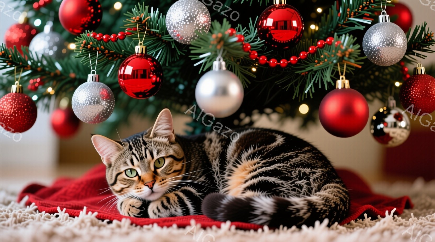 縞模様の猫が赤い毛布の上に丸まって横たわっており、緑色の目をわずかに開けてこちらを見ている。背景には、赤いオーナメントと銀色のボールで飾られたクリスマスツリーがあり、暖かく穏やかな雰囲気を醸し出してい - AI生成フリー素材