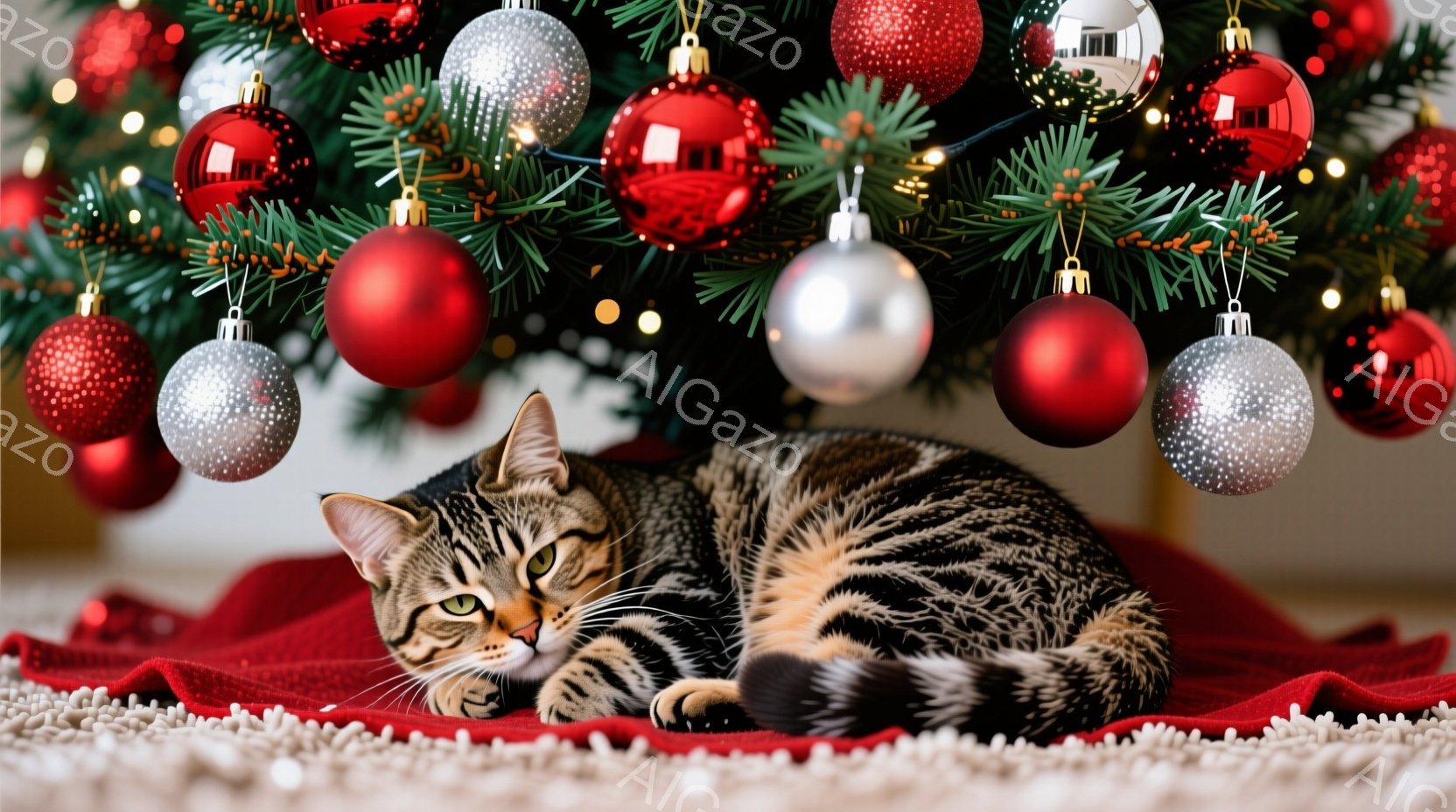 縞模様の猫が赤い布の上に丸まって横たわっています。猫はリラックスした表情で、前足を伸ばして眠っているように見えます。背景にはクリスマスツリーが飾られており、赤いオーナメントが猫の周りに散りばめられてお - AI生成フリー素材