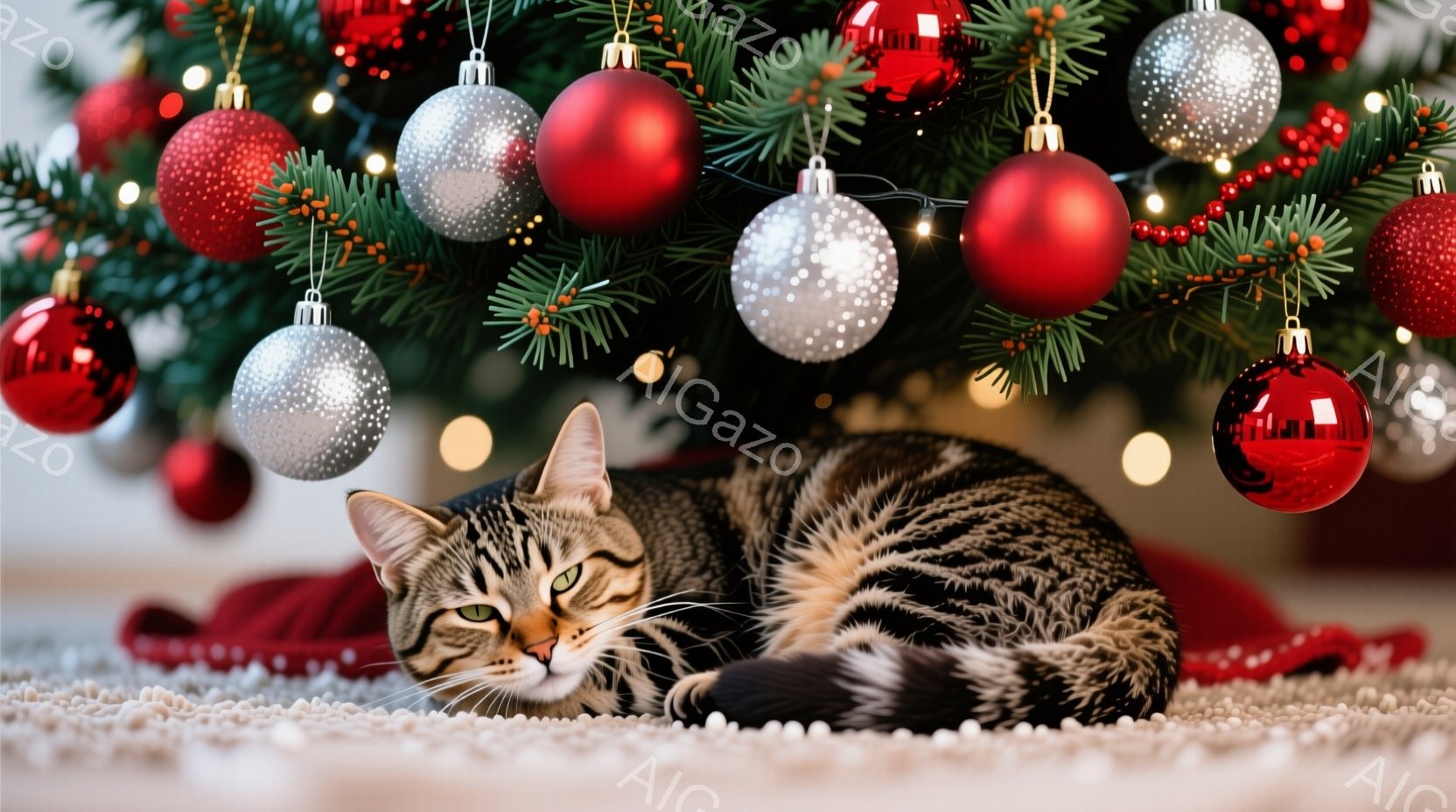 縞模様の猫がカーペットの上に丸まって横たわっており、リラックスした表情で目を細めています。背景には、赤いオーナメントやキラキラ光る飾りで飾られたクリスマスツリーがぼやけて見え、暖かく穏やかな雰囲気を醸 - AI生成フリー素材