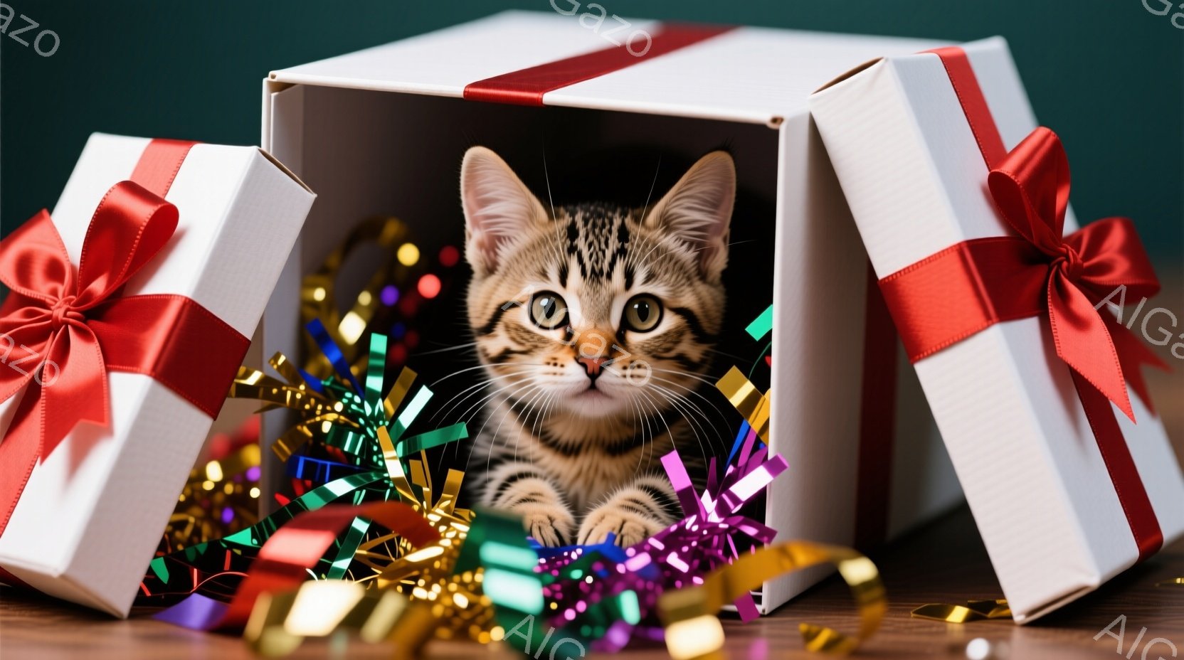 白いギフトボックスの中に、縞模様の小さな子猫が座っています。子猫は大きな緑色の目をしていて、好奇心旺盛そうにこちらを見ています。ボックスの周りにはカラフルなリボンや紙吹雪が散らばっており、お祝いの雰囲 - AI生成フリー素材