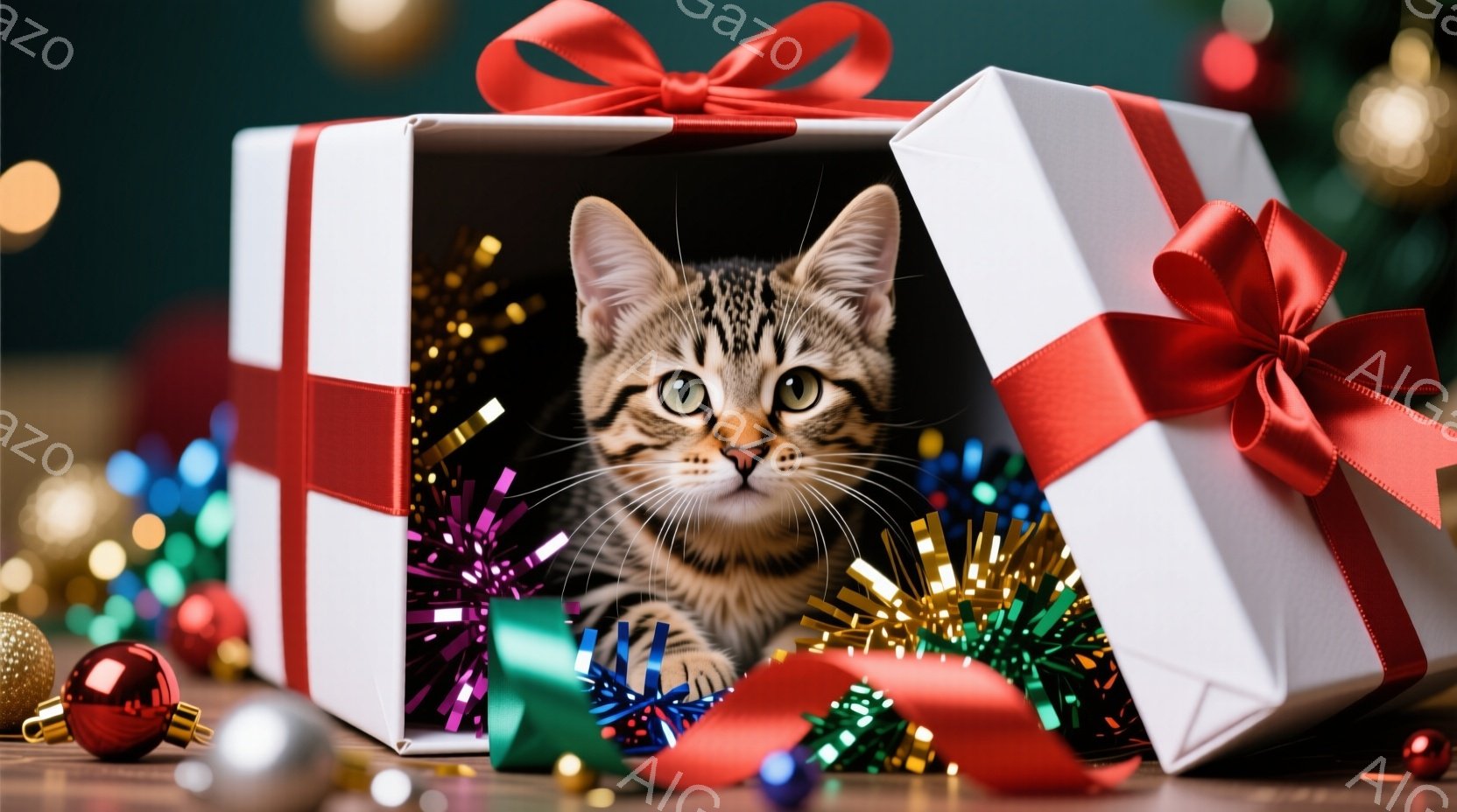 小柄な茶トラ猫が、白いギフトボックスの中からこちらを見ています。ボックスの中にはカラフルなキラキラした飾りと赤いリボンが詰め込まれており、猫は好奇心と遊び心に満ちた表情で、前足を揃えて座っています。背 - AI生成フリー素材