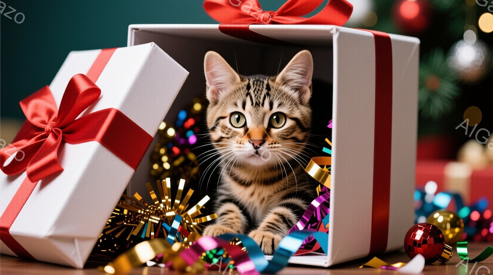 小さな縞模様の猫が、赤いリボンで結ばれた白いギフトボックスの中に座っています。猫は前足を伸ばしてリラックスした姿勢で、好奇心と遊び心のある表情でカメラを見つめています。背景には、キラキラした飾りやクリ - AI生成フリー素材