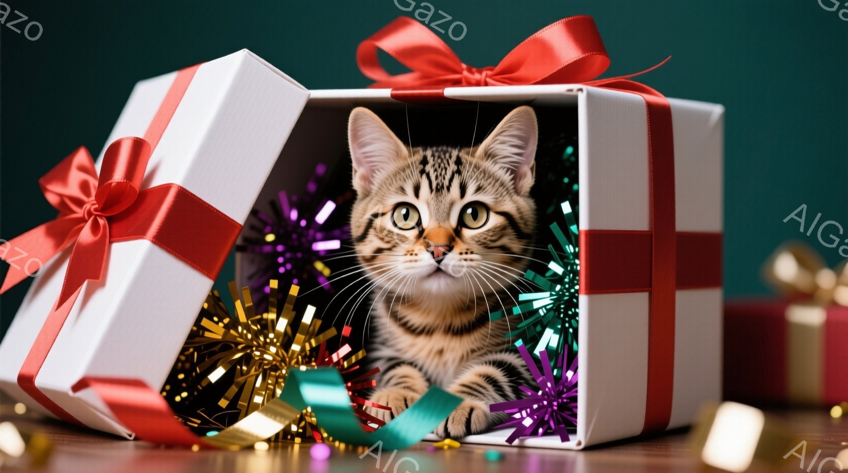 カラフルなプレゼントが装飾された大きな袋に入った小型の虎キットを中心に展示するものです。虎キットは、白と黒、そして淡いオリーブ色のタイプであり、細かく鋭利な目を持ち、前足を伸ばしております。 プレゼントには赤や紫のリボンが装飾され、金色の破毛が落とされた旨さであることも明らかです。 絵画は印象的なショッピング体験を伝えるように設計されており、喜びと楽しみが込められたフレーバライズされています。