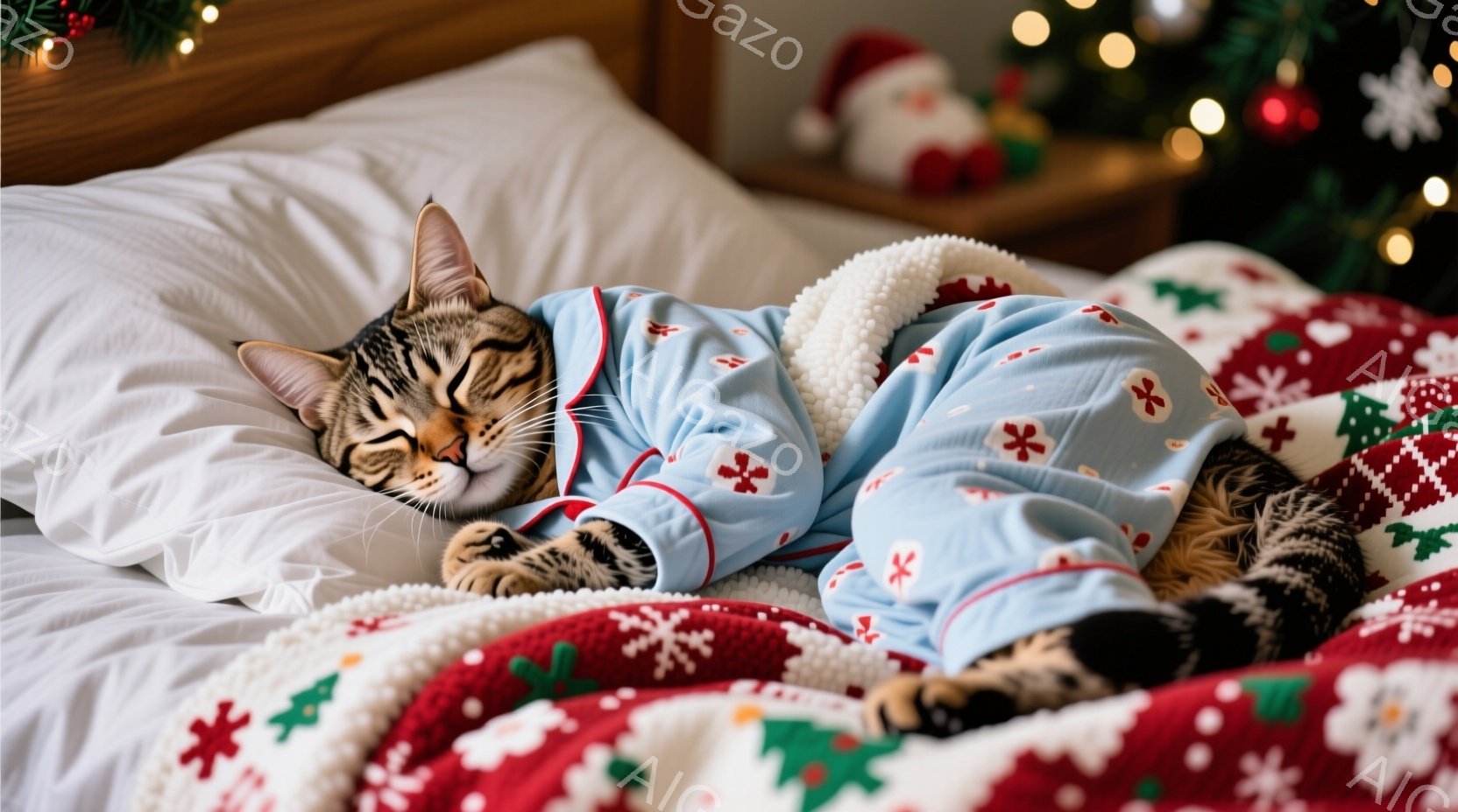 茶トラ猫が水色のクリスマス柄のパジャマを着て、赤いニットのブランケットの上に仰向けになって眠っています。猫は目を閉じてリラックスしており、その姿勢はとても可愛らしいです。背景にはクリスマスツリーが見え、全体的に暖かく、穏やかなクリスマスの雰囲気が漂っています。