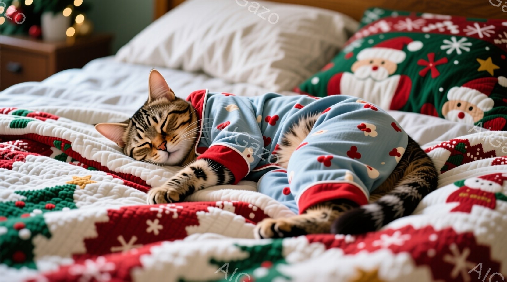 縞模様の猫が水色のパジャマを着て、白いキルティングのベッドの上で丸まって眠っています。パジャマには赤い袖口と足首があり、可愛らしい印象を与えます。背景にはクリスマス柄の枕があり、全体的に暖かく、リラックスした雰囲気が漂っています。