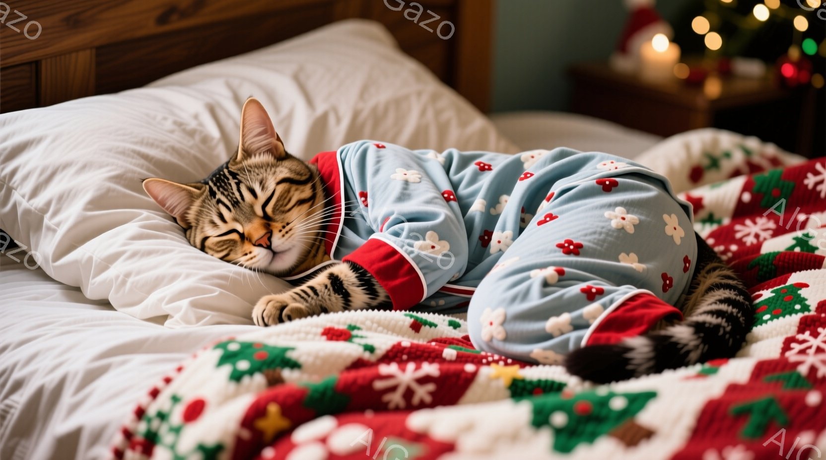 縞模様の猫が水色のパジャマを着て仰向けに寝ています。パジャマには赤い縁取りがあり、白い花柄が散りばめられています。背景には白いクリスマス柄のブランケットと、ぼやけたクリスマスツリーが見え、穏やかで暖か - AI生成フリー素材