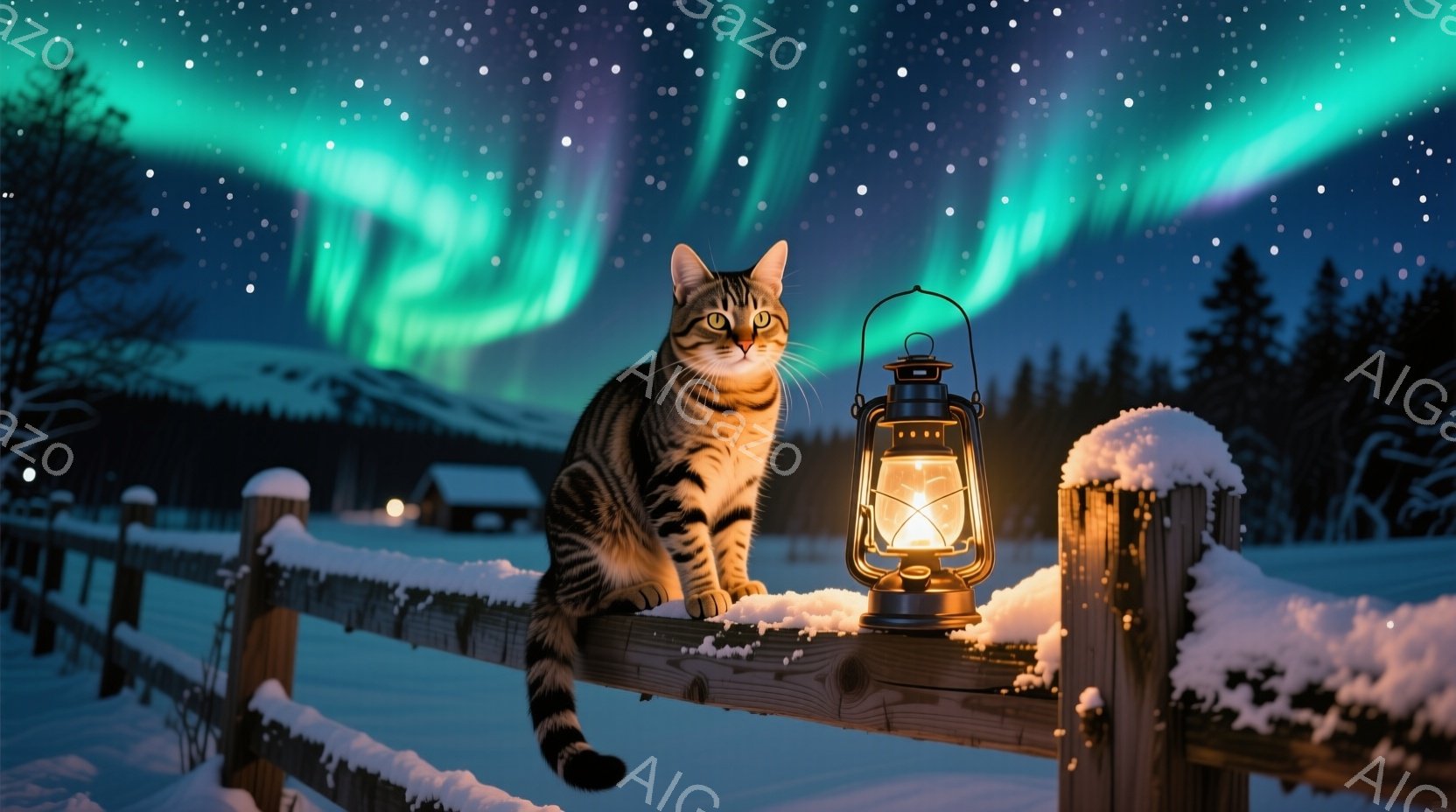 雪に覆われた木製の柵の上に、縞模様の猫が座り、前方をまっすぐ見つめている。背景には、雪景色の中に小さな家が見え、夜空にはオーロラが輝いている。猫の視線と暖かいランタンの光が、静かで幻想的な冬の雰囲気を - AI生成フリー素材