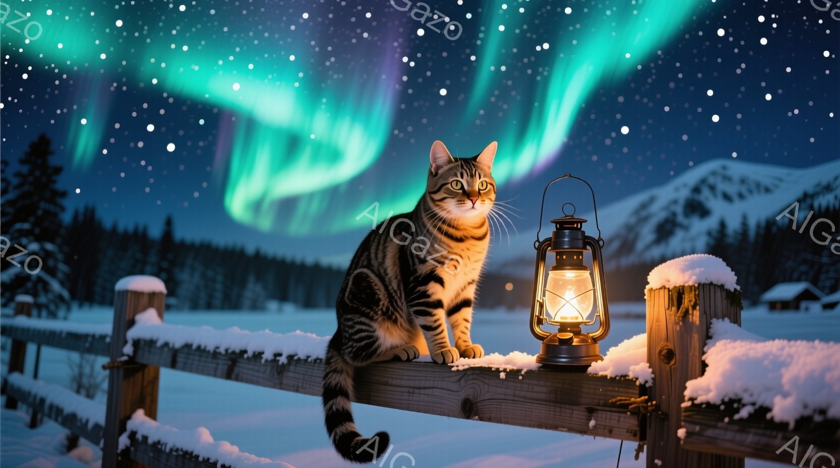 雪に覆われたフェンスの上に、縞模様の猫が座って遠くを見つめている。背景には針葉樹林と雪山が広がり、夜空にはオーロラが幻想的に輝いている。灯りが灯ったランタンが猫の隣に置かれ、冬の静寂と暖かさを表現して - AI生成フリー素材