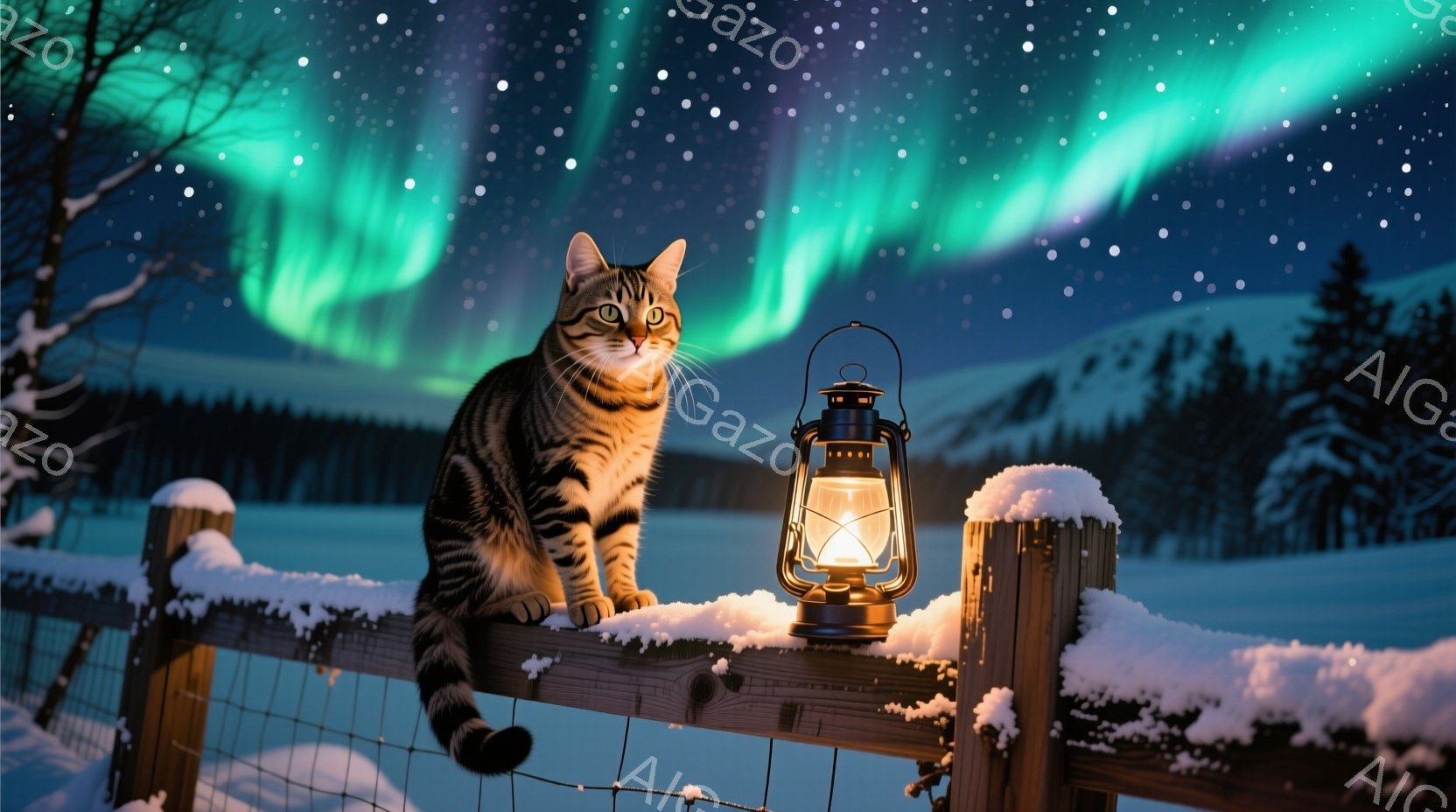 雪に覆われた木製の柵の上に、縞模様の猫が座り、鋭い視線で前方を見つめている。背景には、暗い森と、緑と紫のオーロラが広がる夜空が広がり、近くには光るランタンが置かれている。全体的に、静寂で神秘的な冬の風 - AI生成フリー素材