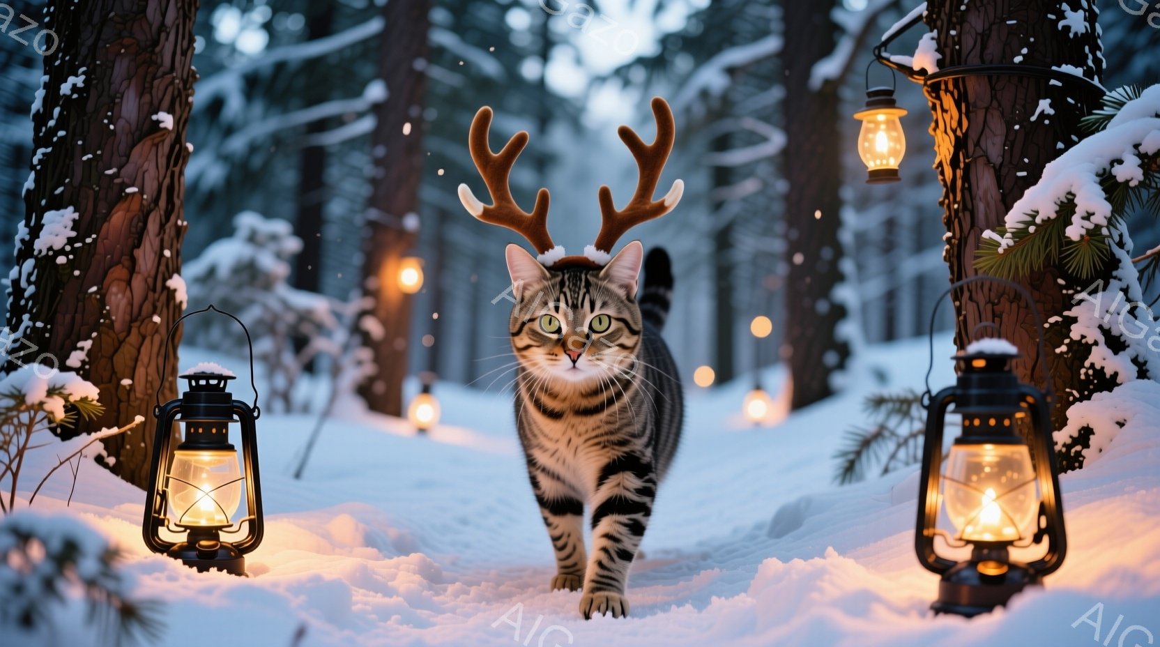 白い雪景色の中、縞模様の猫が角のような飾りを付けて正面を見据えています。背景には雪に覆われた木々と、ぼんやりと光るランタンが配置され、幻想的な雰囲気を醸し出しています。猫はまっすぐ前を見据え、凛とした - AI生成フリー素材