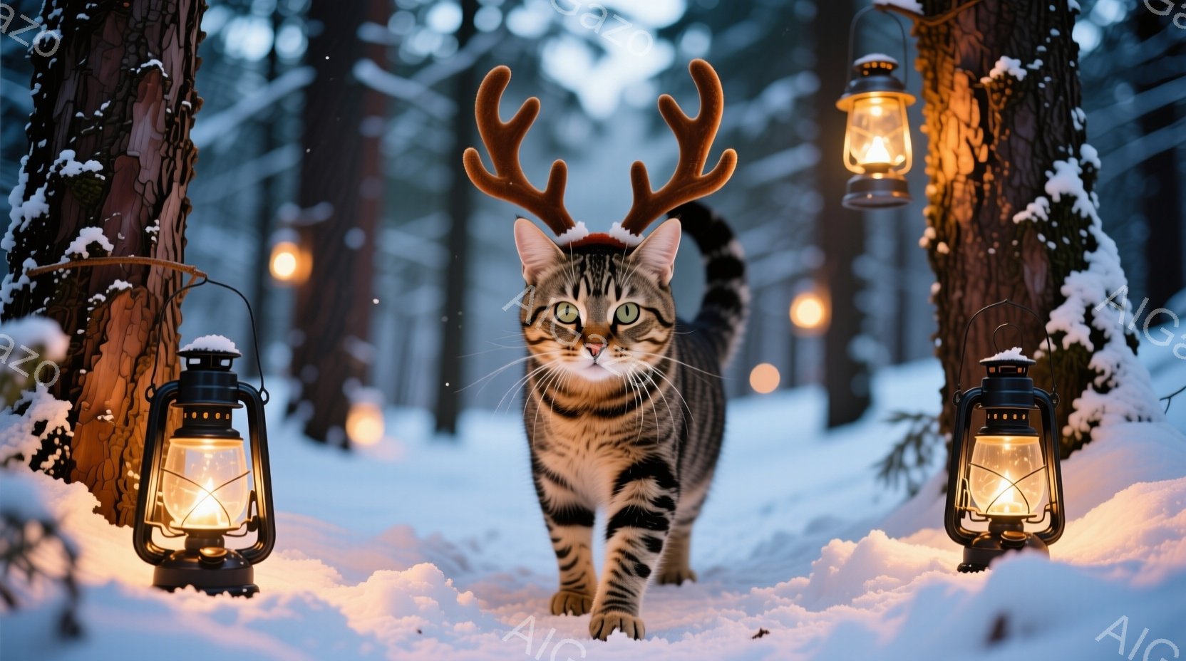 白い雪景色の中、角のような飾りを頭につけた縞模様の猫がこちらに向かって歩いてくる。周囲には古いランタンが設置されており、暖かく幻想的な雰囲気を醸し出している。背景には雪で覆われた木々が立ち並び、冬の静 - AI生成フリー素材
