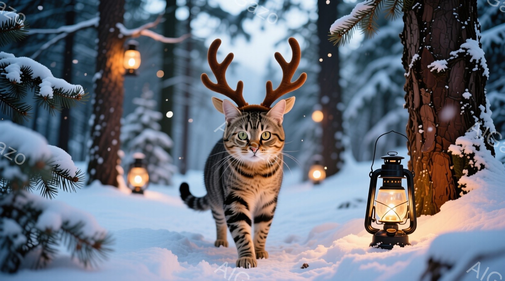 白い雪景色の中に、角のようなものを頭に載せた縞模様の猫が歩いています。背景には雪に覆われた木々があり、遠くには灯りがともったランタンが並び、幻想的な雰囲気を醸し出しています。猫は前を見据え、凛々しく、冬の森の中を堂々と進んでいく姿が印象的です。
