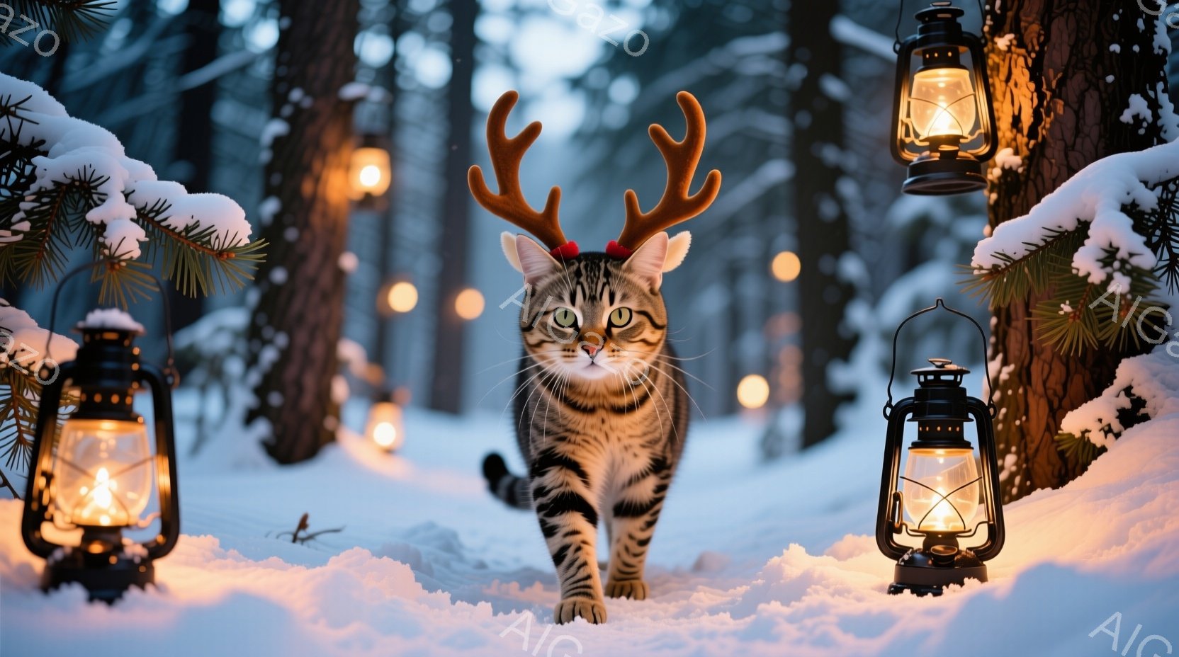 雪景色の中に、トナカイの角をつけた縞模様の猫が歩いている。周囲には点灯したランタンが置かれ、雪の積もった木々がぼんやりと見え、幻想的な雰囲気を醸し出している。猫は正面を見据え、好奇心旺盛な表情で、まるでクリスマスの物語の一場面のようだ。