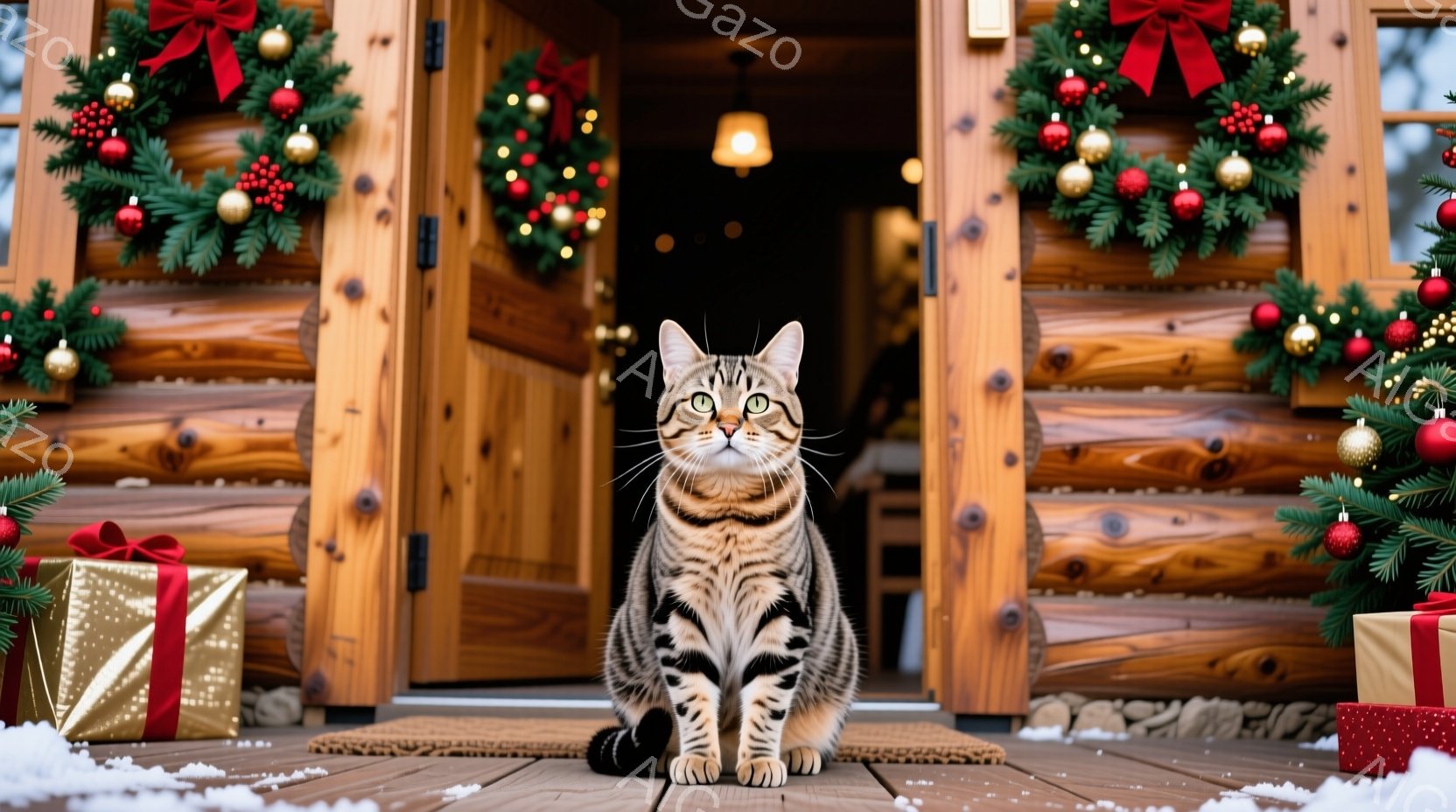 縞模様の猫が、クリスマスの飾り付けがされた家の入り口の前で座っています。背景には、赤いリボンと装飾が施されたクリスマスリースが飾られ、プレゼントがいくつか置かれています。雪が少し積もり、全体的に暖かく - AI生成フリー素材