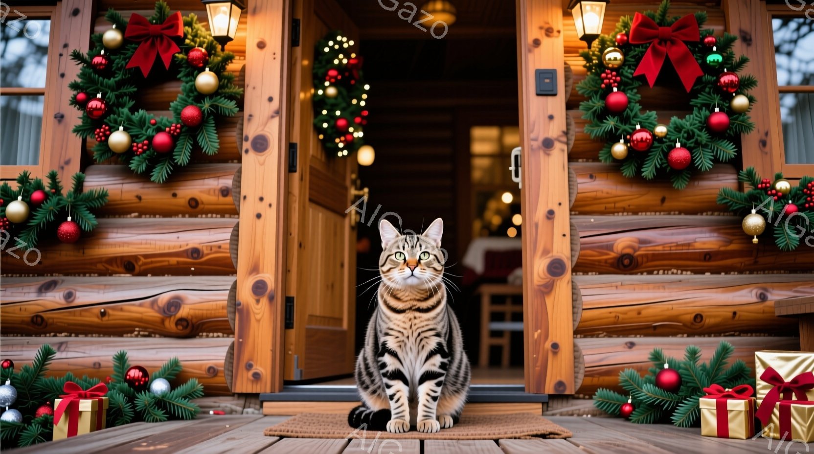 茶色の縞模様の猫が、クリスマスの飾り付けがされた木のドアの前に座っています。ドアはログハウス風で、緑のガーランドと赤いリボン、そしてクリスマスオーナメントで飾られ、足元にはプレゼントの箱が置かれていま - AI生成フリー素材