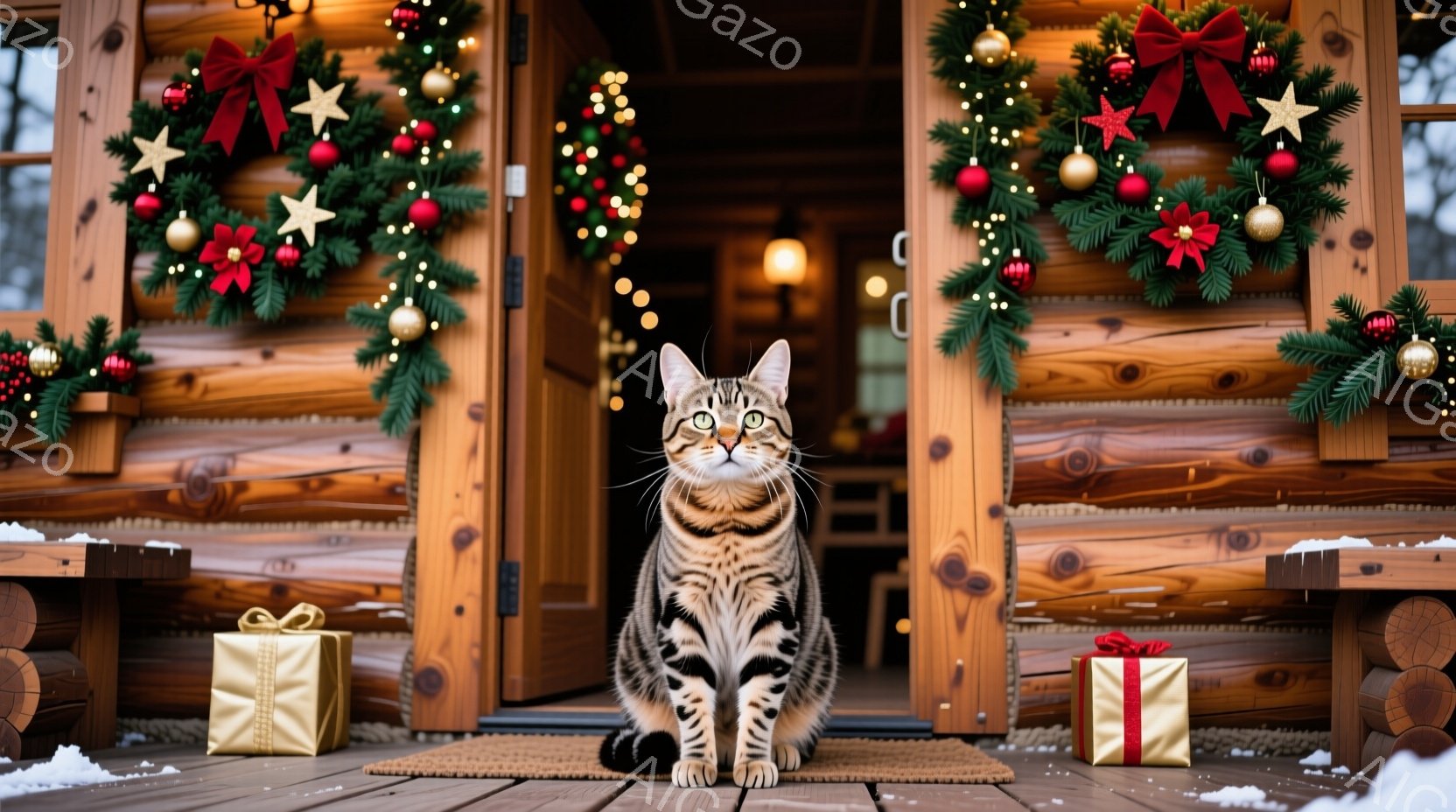 縞模様の猫が、クリスマスの飾り付けがされた家の玄関のマットの上に座っています。背景には、赤いリボンと金色の星で飾られたクリスマスリースが飾られた木製の壁があり、床には金色のリボンで結ばれたプレゼントボ - AI生成フリー素材