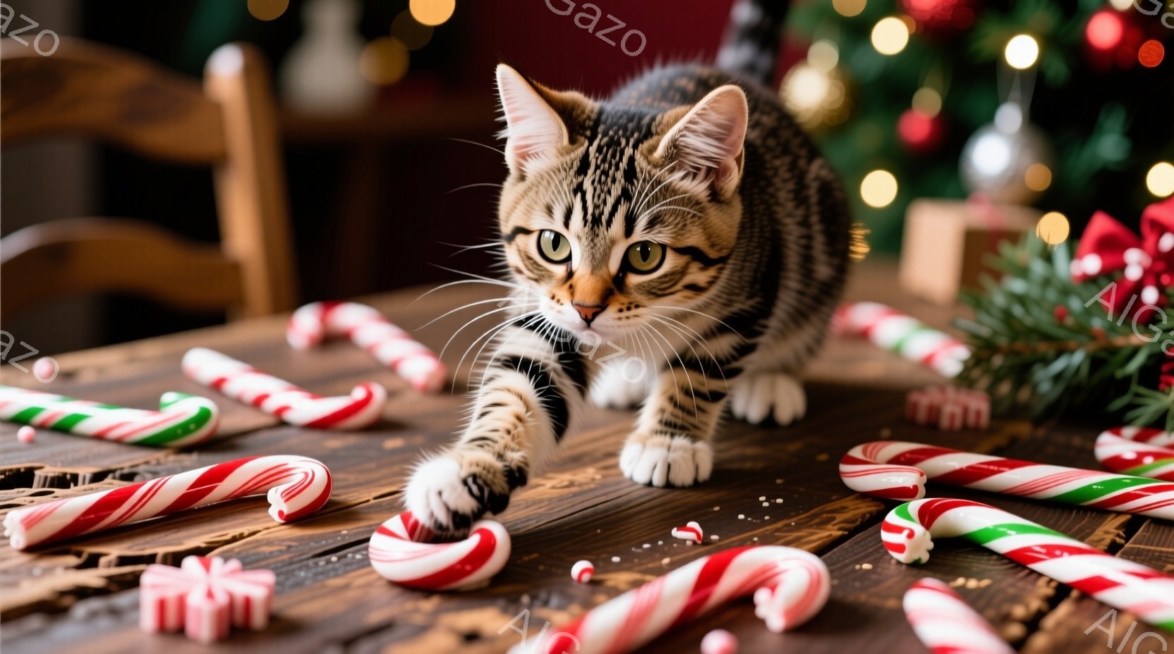 茶色と黒の縞模様の小さな子猫が、木製のテーブルの上に散らばったキャンディケーンに興味津々で、前足で一つを軽く叩いています。背景には、ぼやけたクリスマスツリーと飾りが見え、暖かくお祝いの雰囲気が漂ってい - AI生成フリー素材