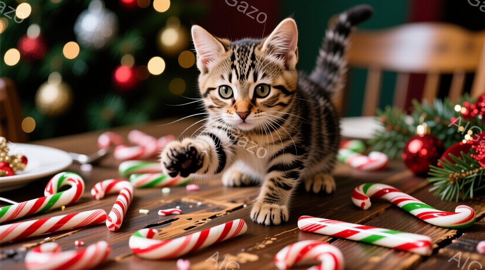 小さなトラ柄の子猫が、クリスマスのキャンディケーンが散らばる木のテーブルの上で、片足を上げて遊び半分にこちらを見ている。背景にはクリスマスツリーのぼんやりとした光と装飾が見え、温かく、遊び心のある雰囲 - AI生成フリー素材