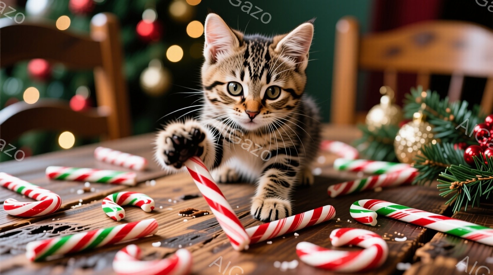 縞模様の小さな子猫が、赤と白のキャンディケーンを前足で押さえて遊んでいます。背景にはクリスマスの飾り、特に緑の松の葉や金色のオーナメントが見え、木製のテーブルの上には割れたキャンディケーンの破片が散ら - AI生成フリー素材