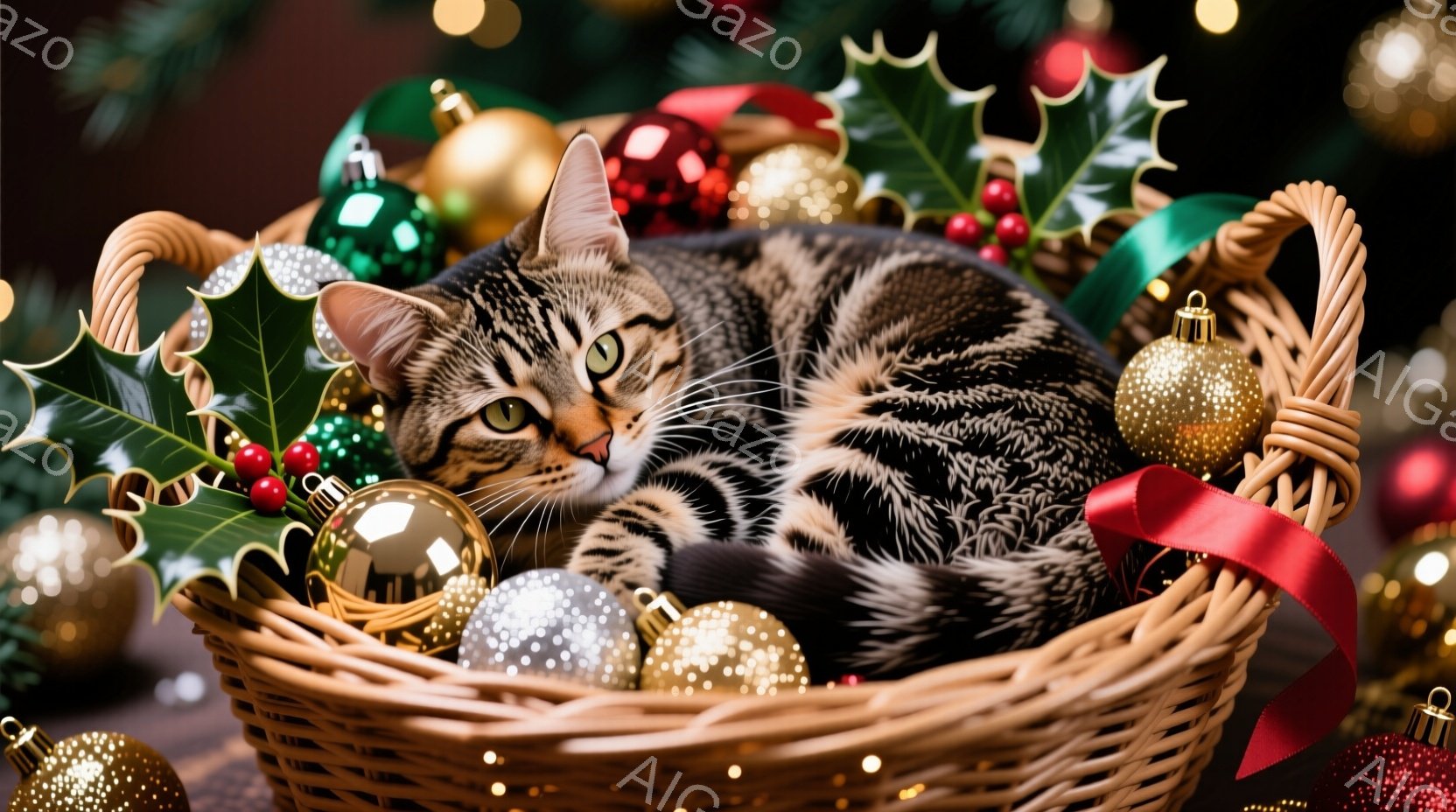 籠の中に縞模様の猫が丸まって眠っています。周囲にはクリスマスオーナメントが散りばめられ、赤いリボンも飾られています。背景はぼかされており、クリスマスツリーの光がキラキラと輝き、暖かくお祝いムードに包ま - AI生成フリー素材