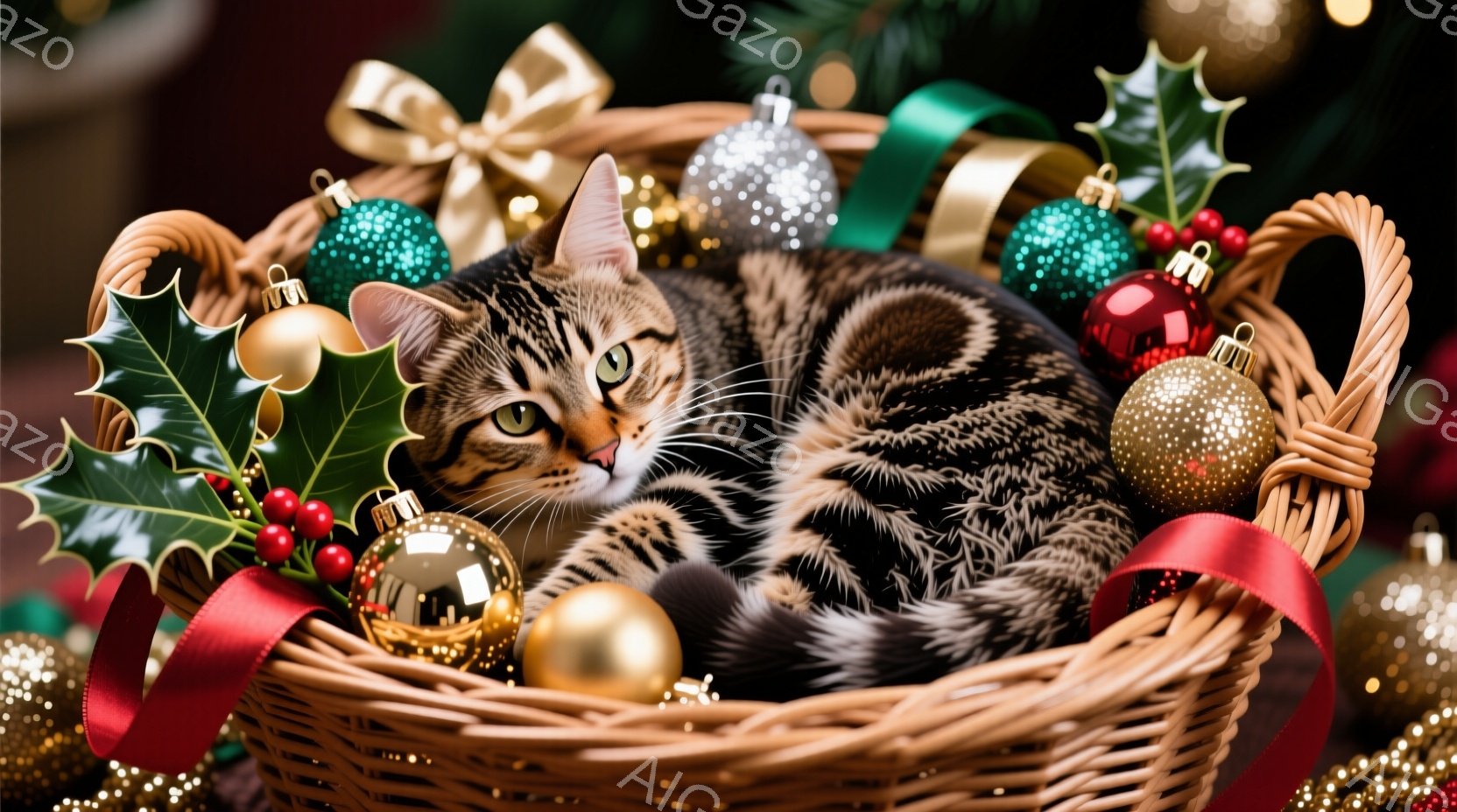 縞模様の猫が、クリスマスオーナメントで飾られた籐の籠の中に丸まって横たわっています。猫はリラックスした表情で、緑色の瞳がこちらを見つめており、周囲の金や赤の飾りとコントラストをなしています。背景はぼかされており、クリスマスの装飾が施されたお祝いの雰囲気が漂っています。