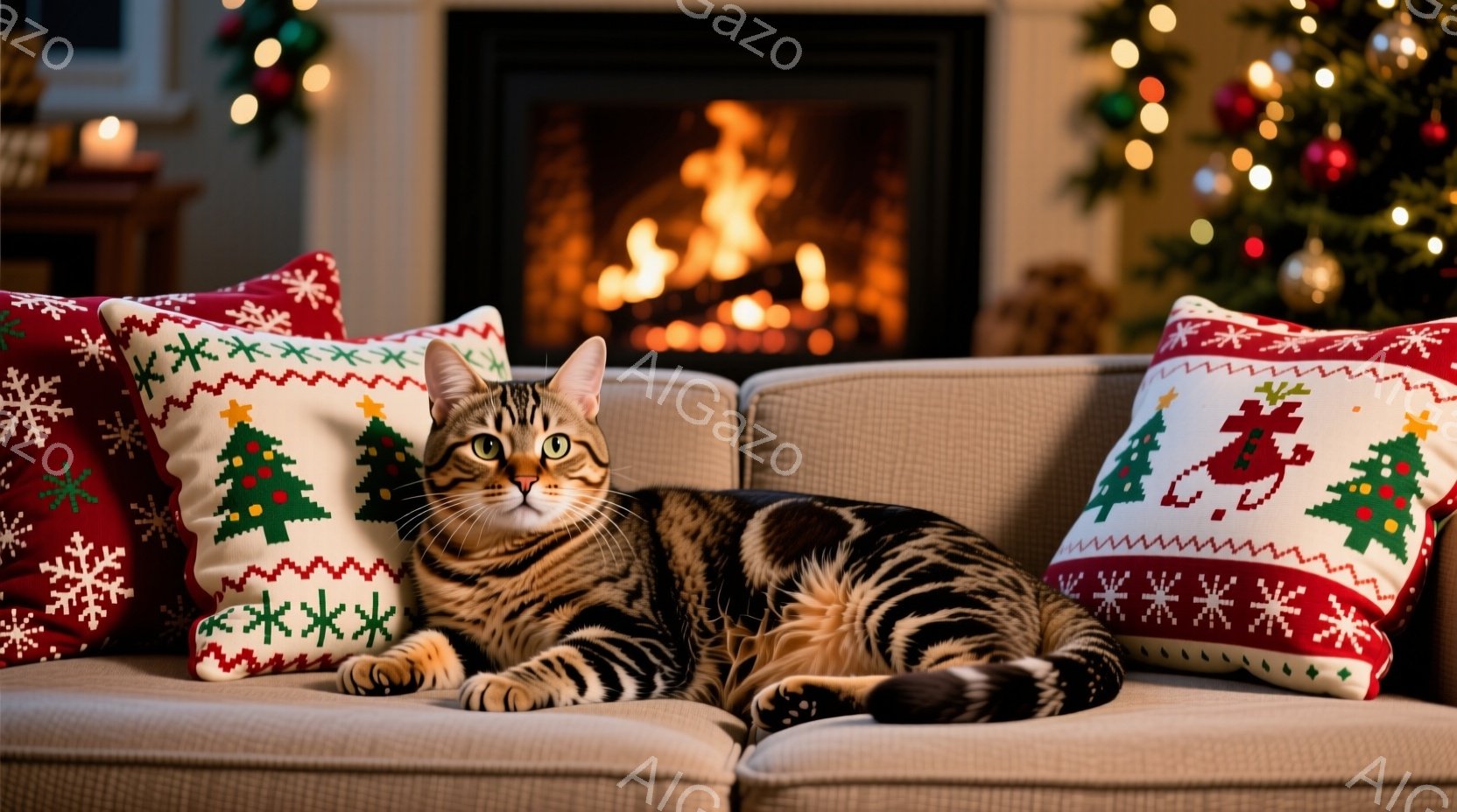 茶色の縞模様の猫が、クリスマスの柄のクッションに挟まれてソファーで横たわっています。背景には暖炉の火が燃え、クリスマスツリーが飾られており、温かく心地よい雰囲気です。猫はリラックスした様子で、穏やかな - AI生成フリー素材