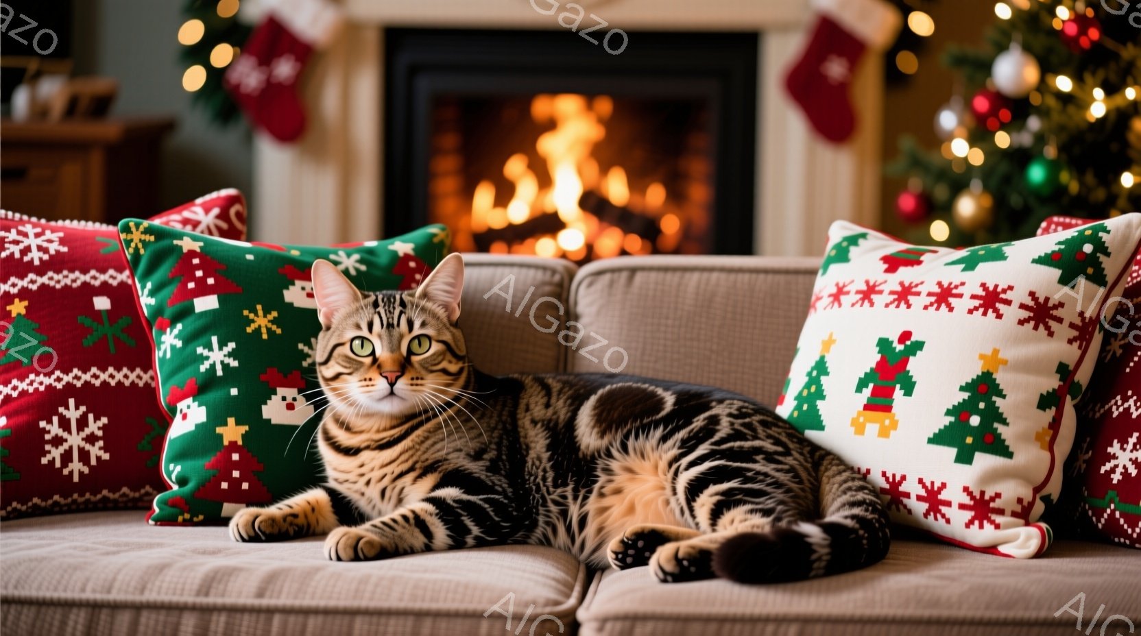 縞模様の猫がクリーム色のソファに横たわっており、体の半分がクリスマス柄のクッションに覆われています。背景には暖炉があり、火が燃え盛っていて、クリスマスツリーとクリスマスストッキングが飾られています。全 - AI生成フリー素材
