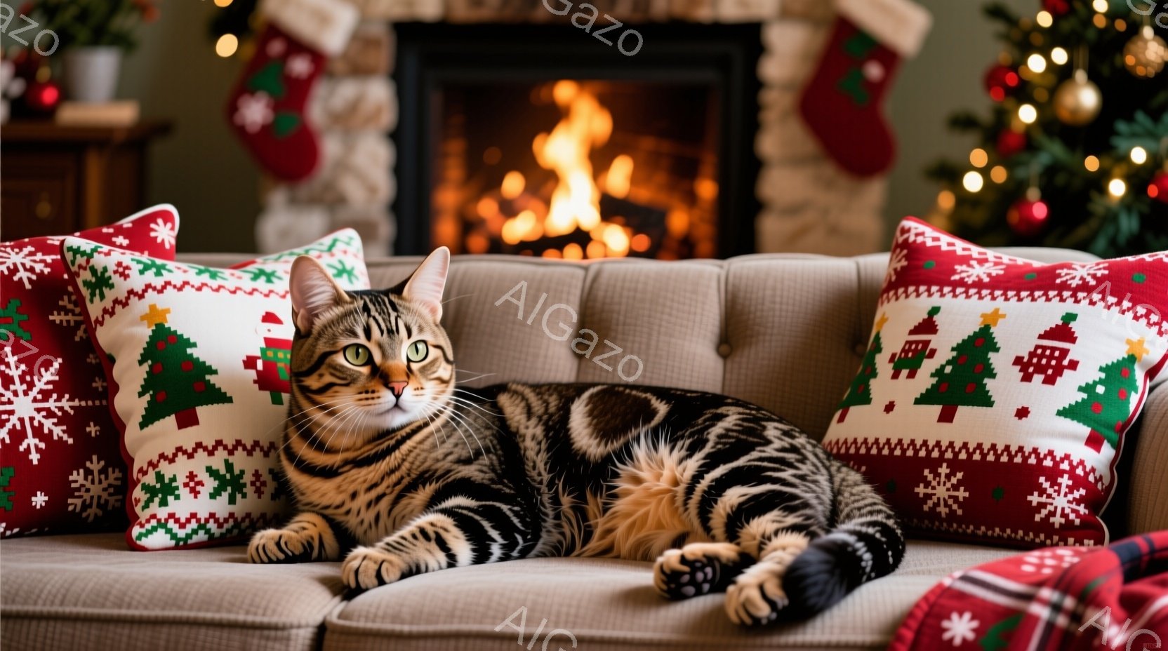 ソファの上で横になっている縞模様の猫が写っています。背景にはクリスマスツリーや暖炉が見え、クリスマスの装飾が施されたクッションが猫の周りに置かれています。全体的に暖かく、居心地の良いクリスマスの雰囲気 - AI生成フリー素材