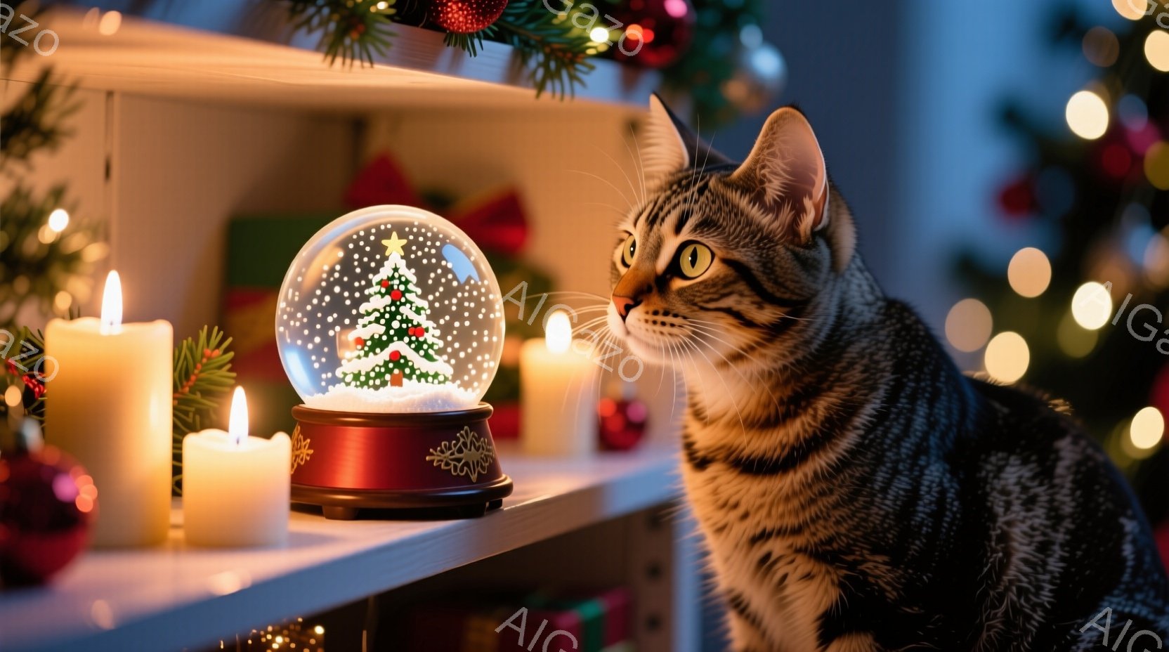 縞模様の猫が、クリスマスの飾り付けがされた棚を見つめている。暖炉の上の棚には、点灯したキャンドル、雪の結晶が散りばめられたクリスマスのツリーが入ったグラスボール、そして赤い飾りボールが置かれている。暖 - AI生成フリー素材