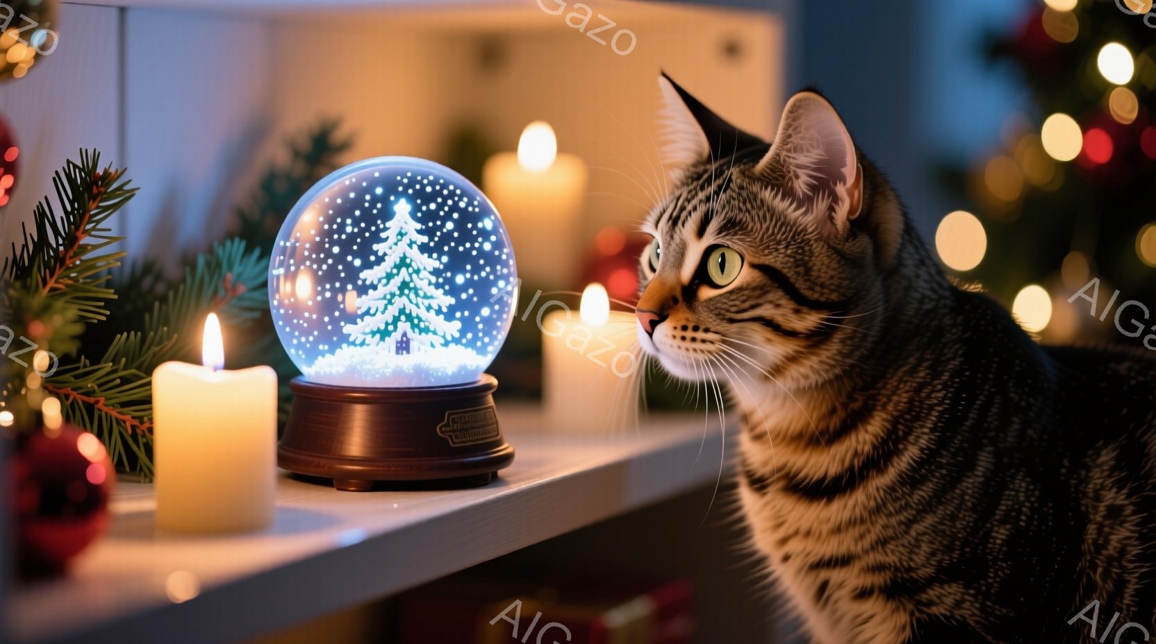 白い縞模様の猫が、クリスマスの飾りとろうそくが並んだ棚を見つめている。雪の降る小さな村を模したスノーグローブが猫の視線の先にある。背景にはぼやけたクリスマスツリーの光が暖かく、全体的に穏やかで祝祭的な雰囲気が漂っている。